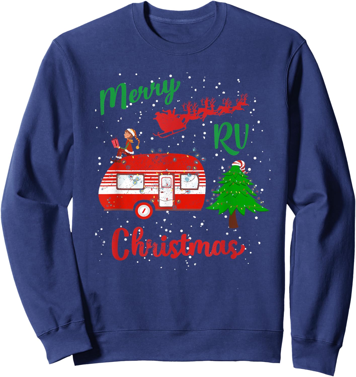 Merry RV Christmas Camping Santa Claus Distressed Sweatshirt - Sweatshirt | Navy