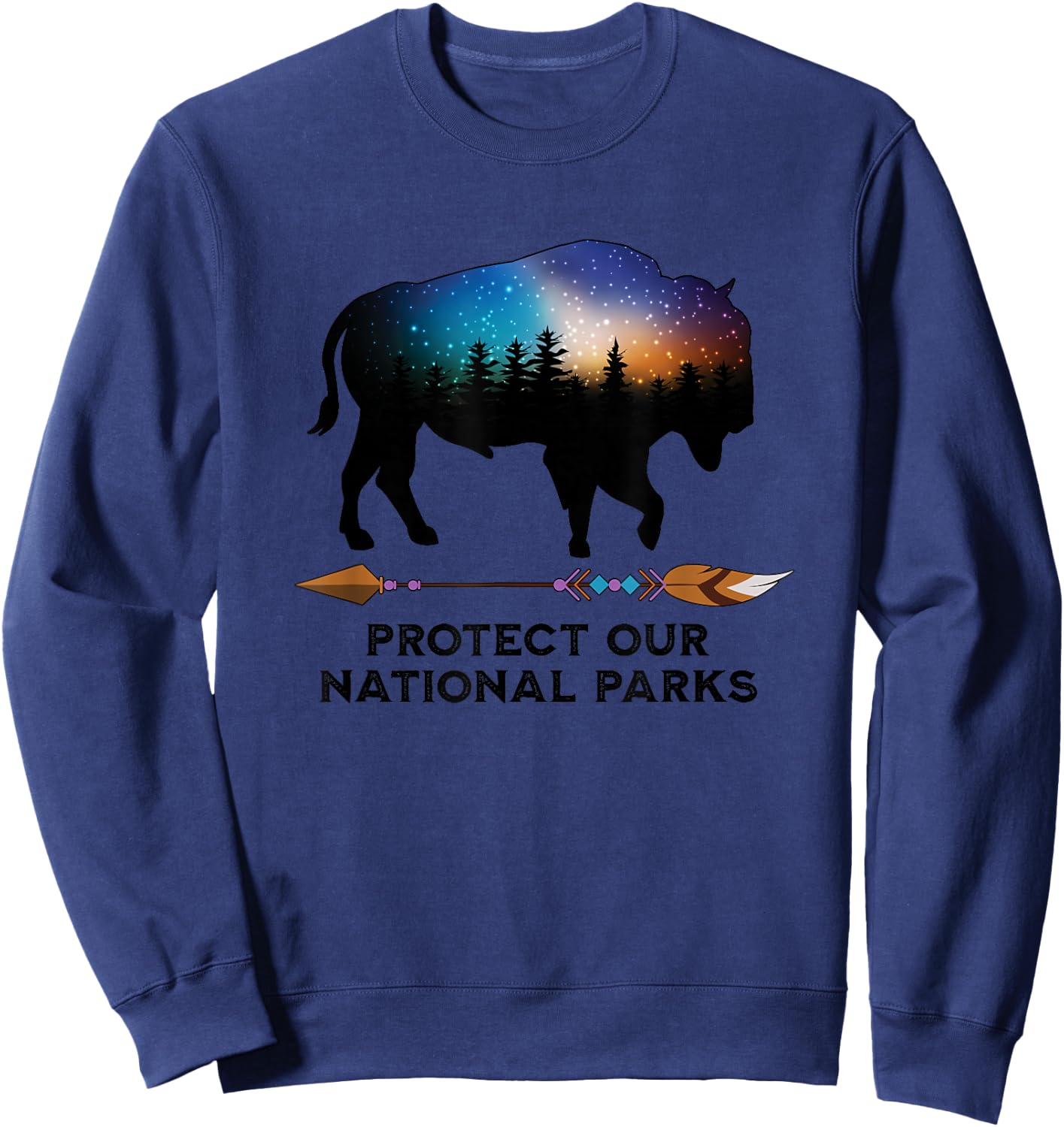 Save Our National Parks Vintage Bison Forest Starscape Sweatshirt - Sweatshirt | Navy
