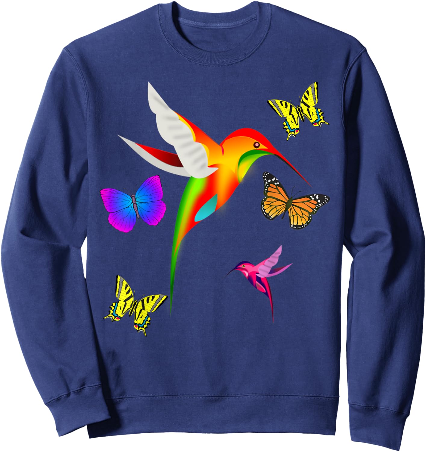 Unique Colorful Hummingbird With Butterflies Sweatshirt - Sweatshirt | Navy