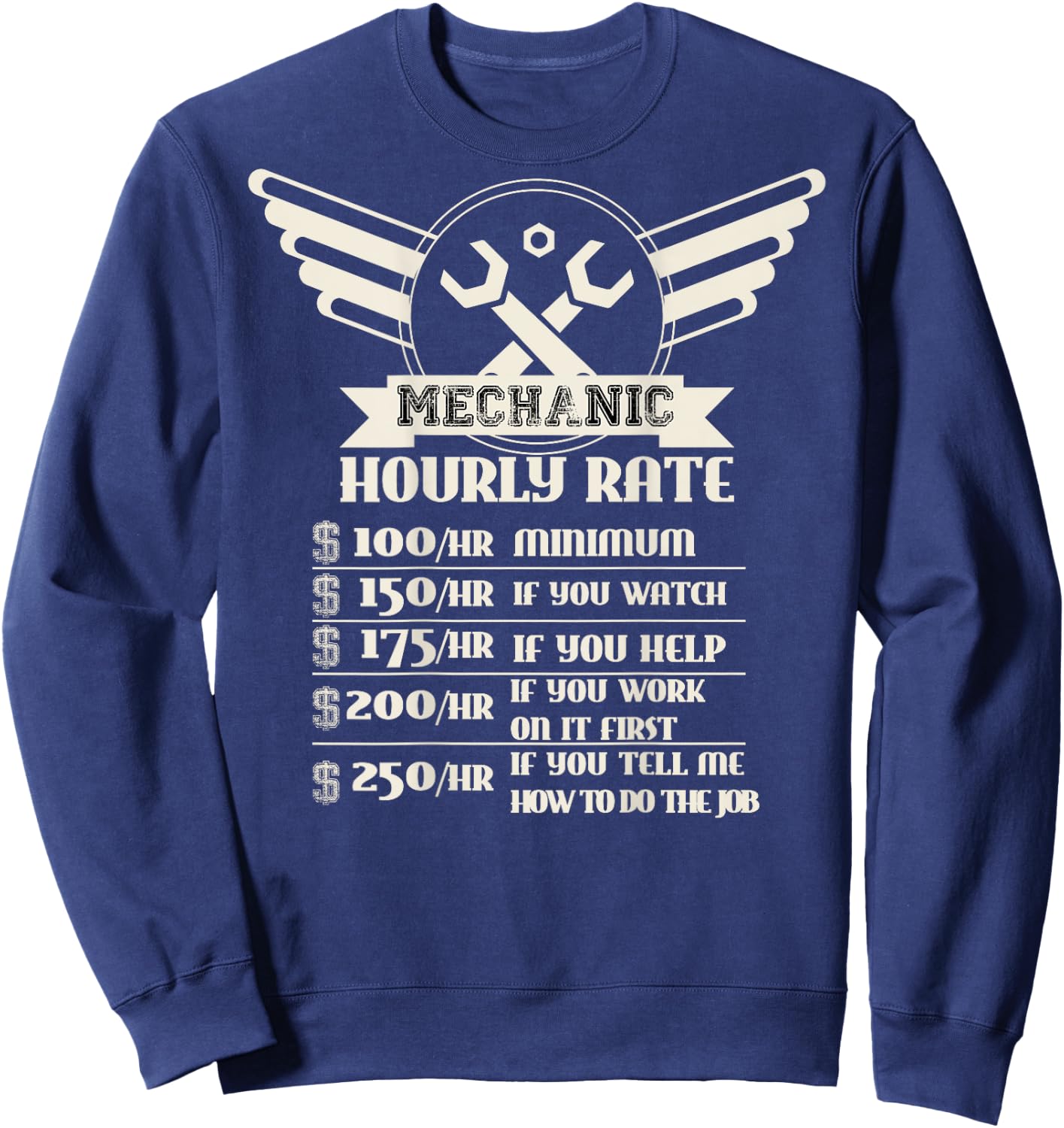 Backside Funny Mechanic Hourly Rate Distressed Design Shirt Sweatshirt - Sweatshirt | Navy