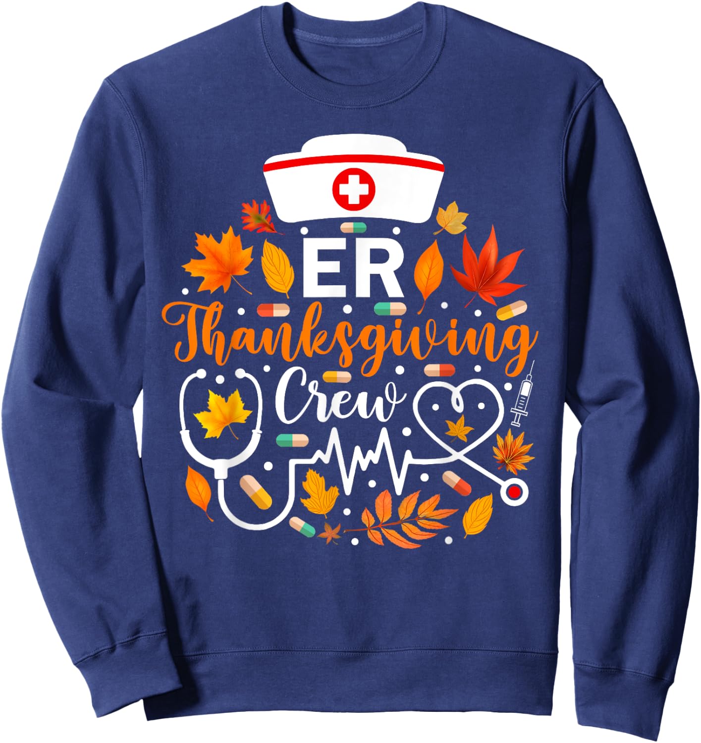 ER Nurse Crew Thanksgiving - Adults, Black, Small, Short Sleeve, , Thanksgiving Nurse Gift Sweatshirt - Sweatshirt | Navy