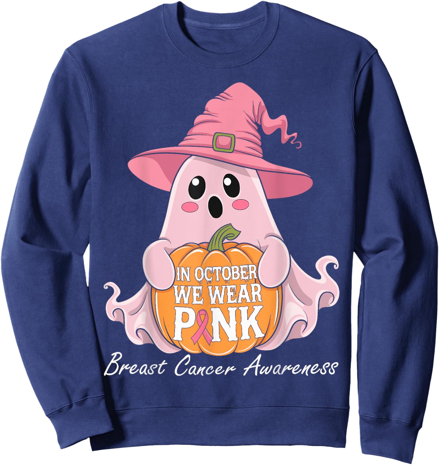 In October We Wear Pink Breast Cancer Awareness Halloween Sweatshirt - Sweatshirt | Navy