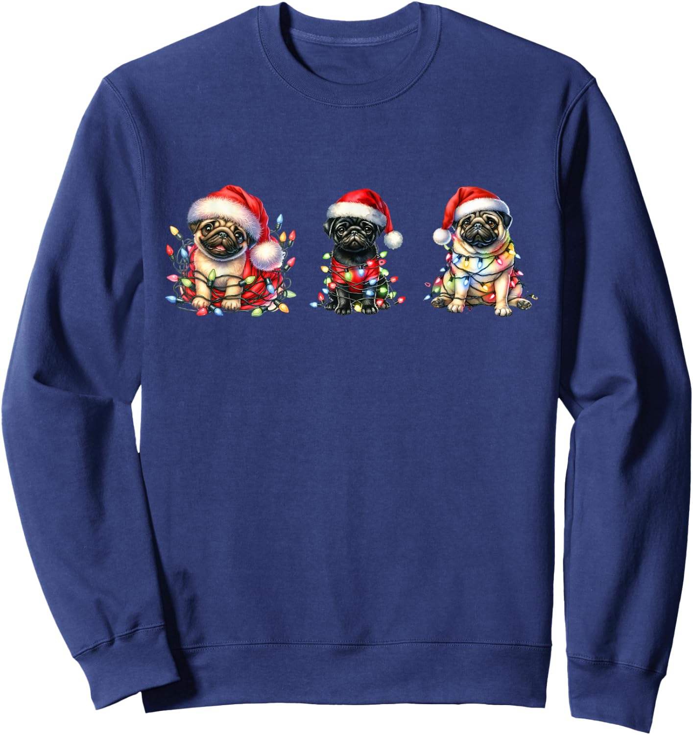 Christmas Fawn and Black Pugs Santa Pugs Sweatshirt - Sweatshirt | Navy