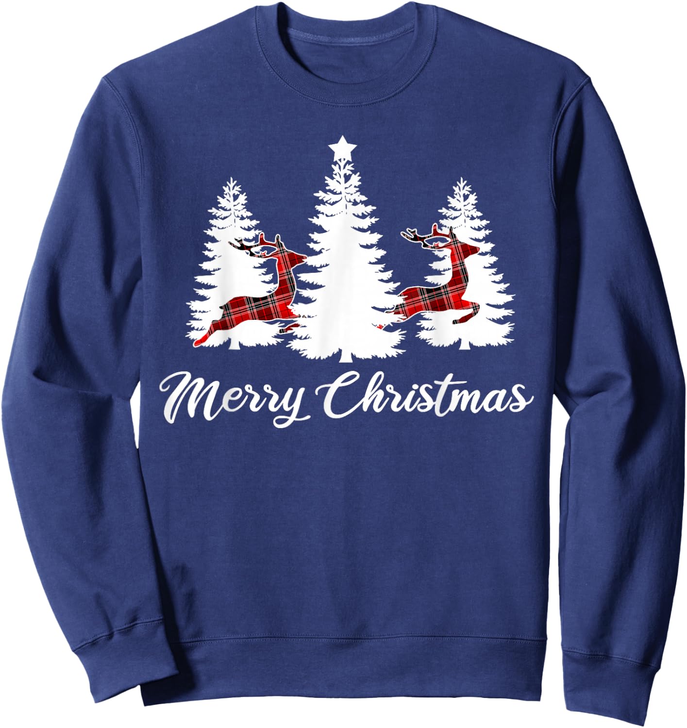 Merry Christmas Shirt Buffalo Plaid Reindeer Tree Sweatshirt - Sweatshirt | Navy