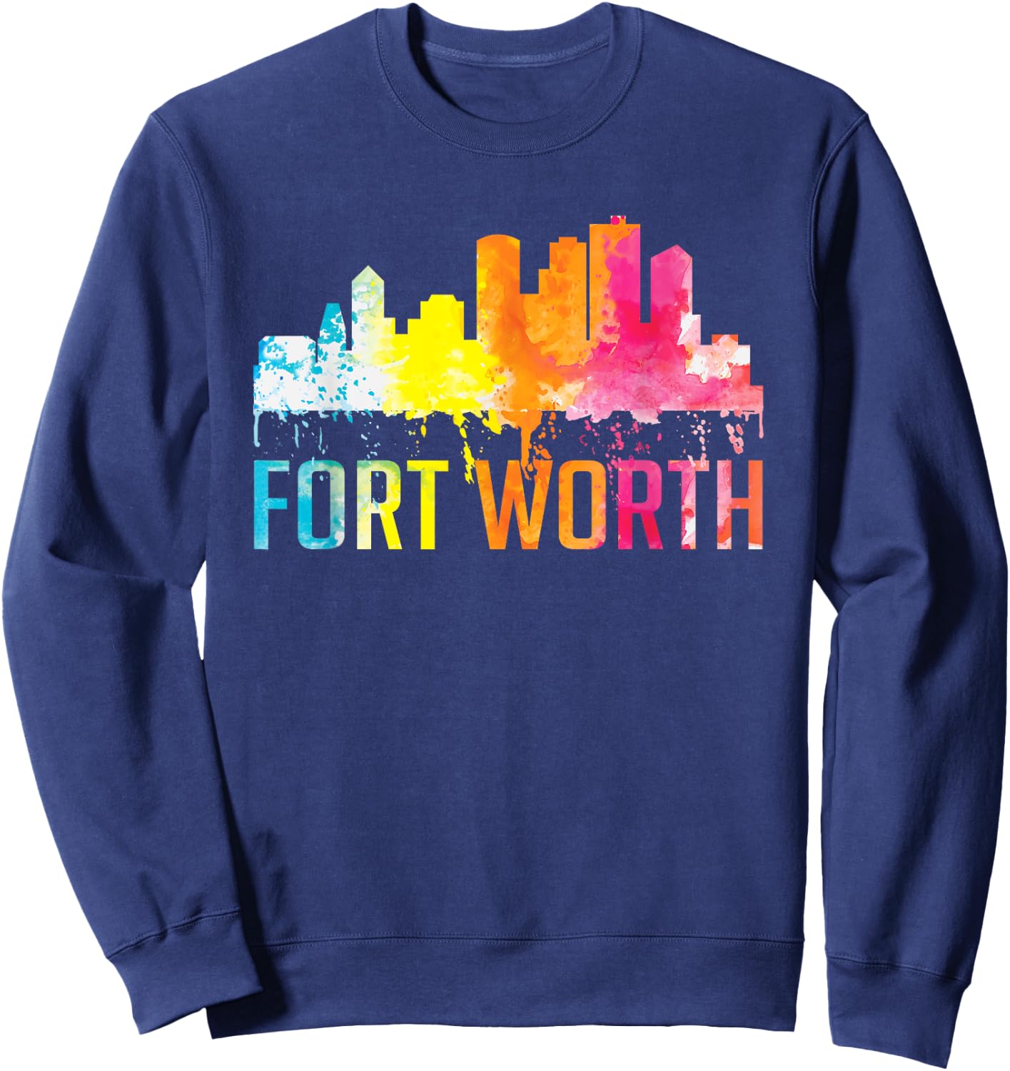 Fort Worth Texas Retro Watercolor Skyline Art Souvenir Gift Sweatshirt - Sweatshirt | Navy