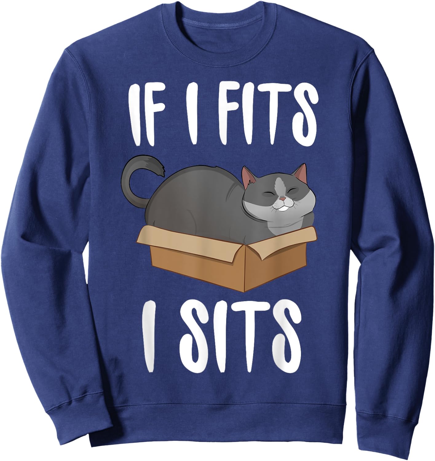 If I Fits I Sits Cat Meme Shirt Funny Cat In A Box Men Women Girls Kids Sweatshirt - Sweatshirt | Navy