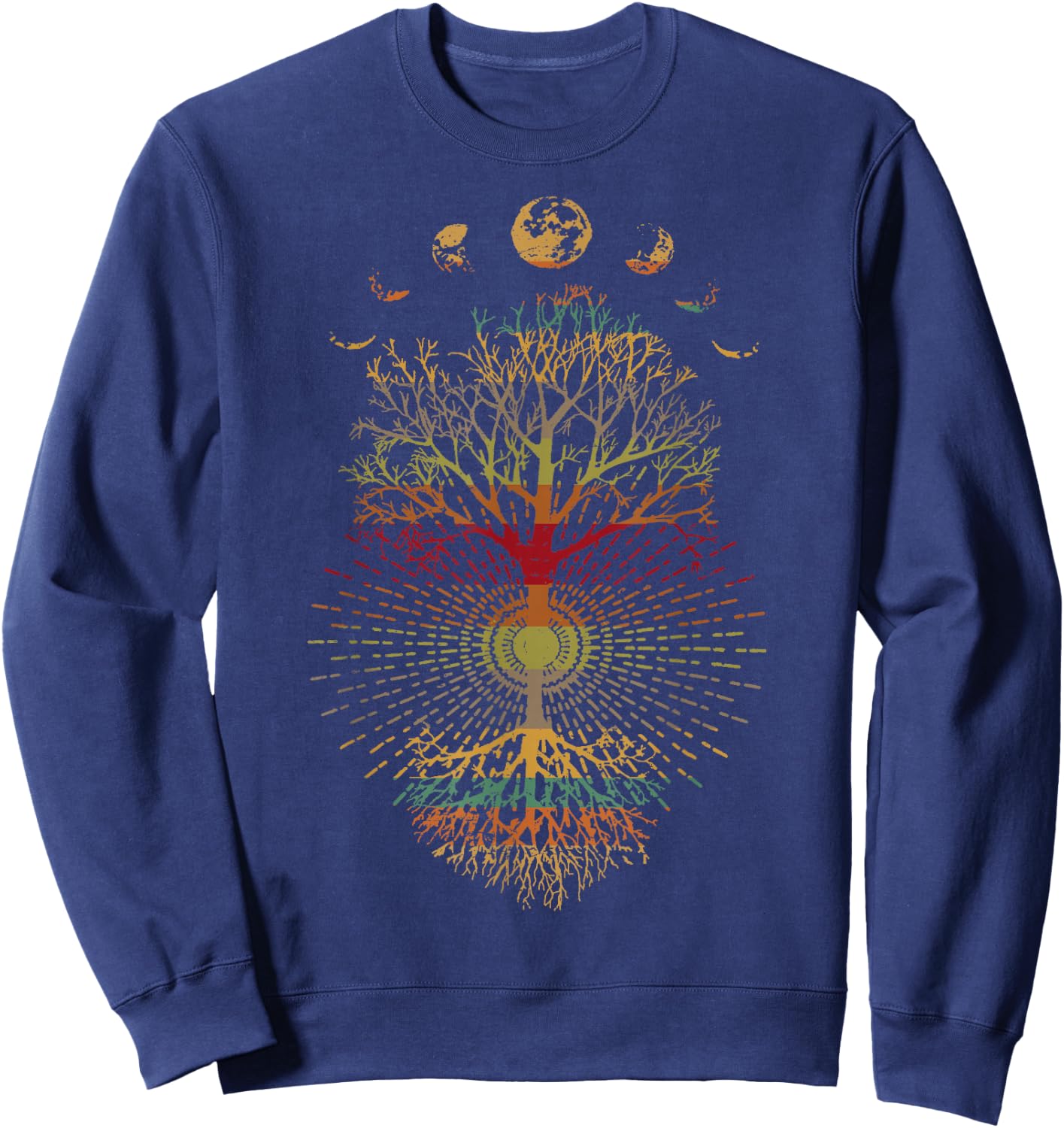 Phases of the Moon Retro 60's 70's Vibe Tree of Life Sweatshirt - Sweatshirt | Navy