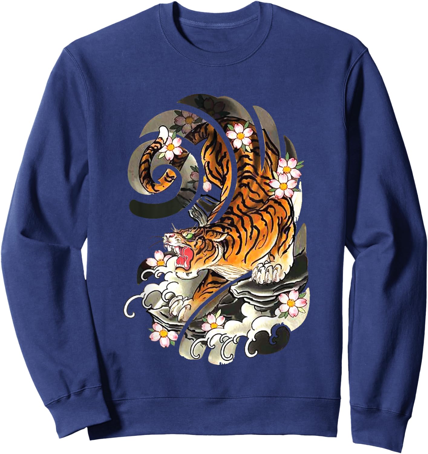Vintage Japanese Tiger Traditional Asian Cherry Blossom Art Small Sweatshirt - Sweatshirt | Navy
