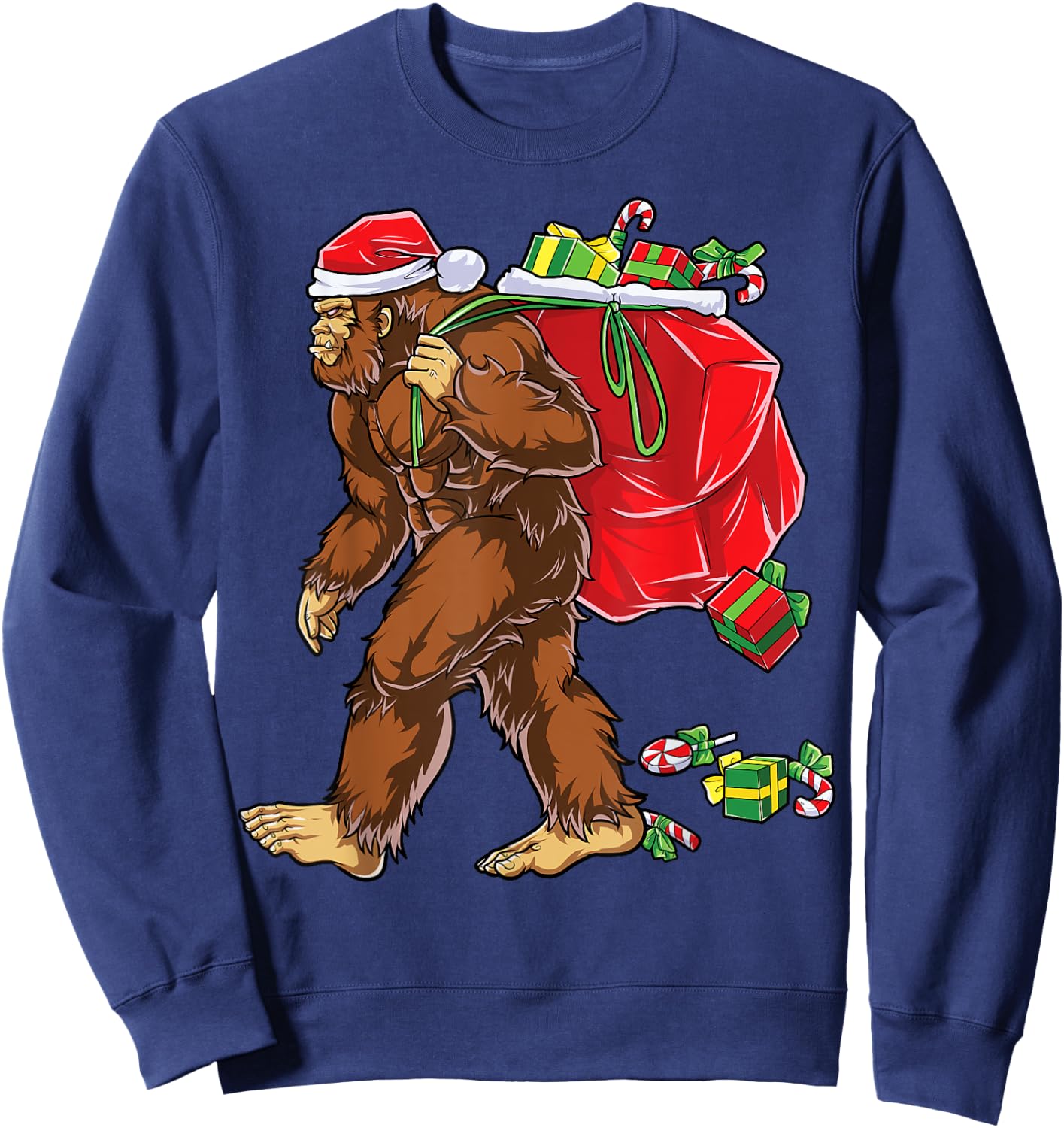 Bigfoot Santa Carrying Christmas Bag Xmas Hat Sasquatch Men Sweatshirt - Sweatshirt | Navy