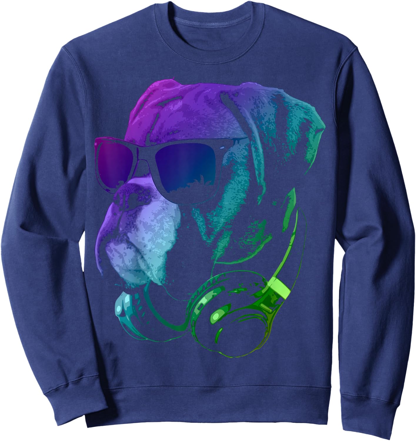 Boxer Dog with Sunglasses and Headphones Small Sweatshirt - Sweatshirt | Navy