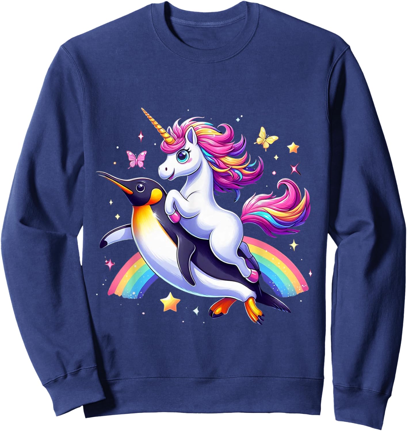 Unicorn Riding Penguin Boys Girls Men Women Kids Rainbow Sweatshirt - Sweatshirt | Navy