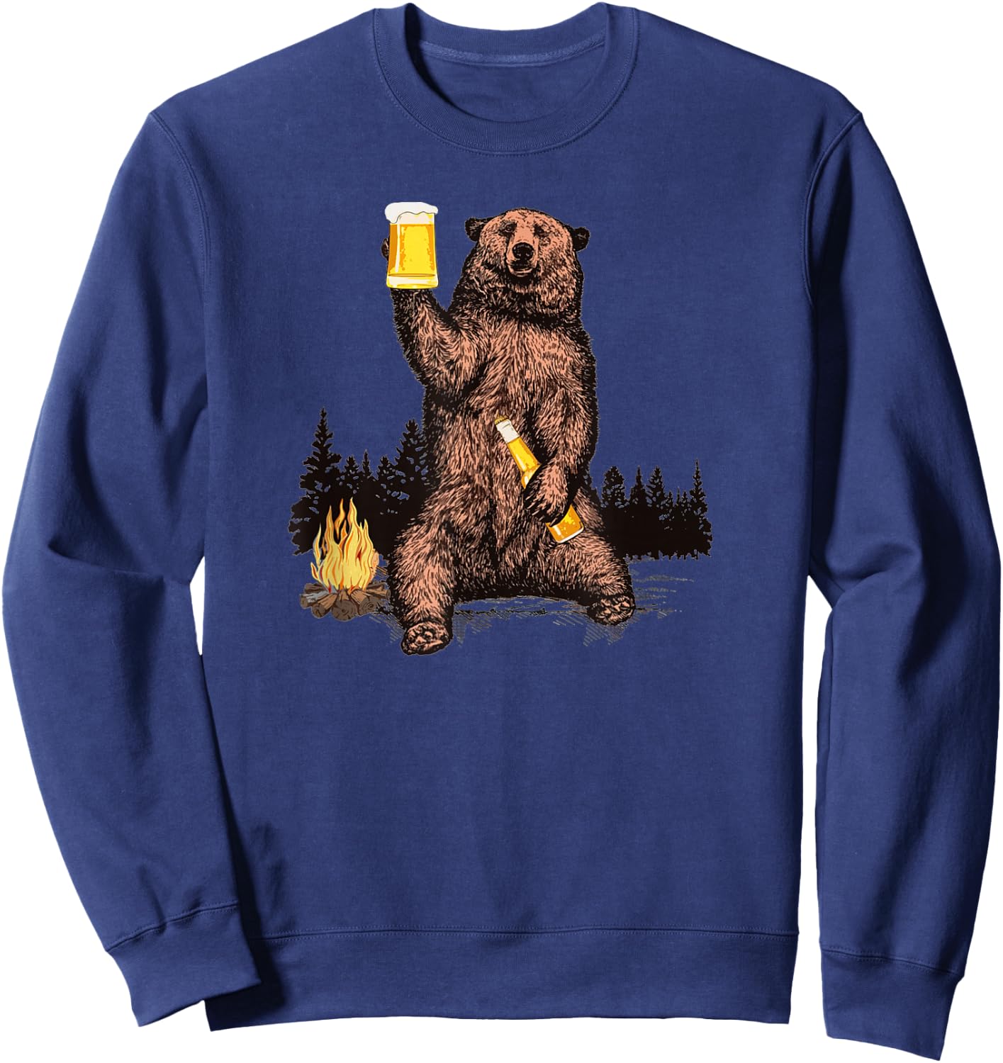 Bear Drinking Beer Camp Fire Woods Outdoor Funny Grizzly Sweatshirt - Sweatshirt | Navy