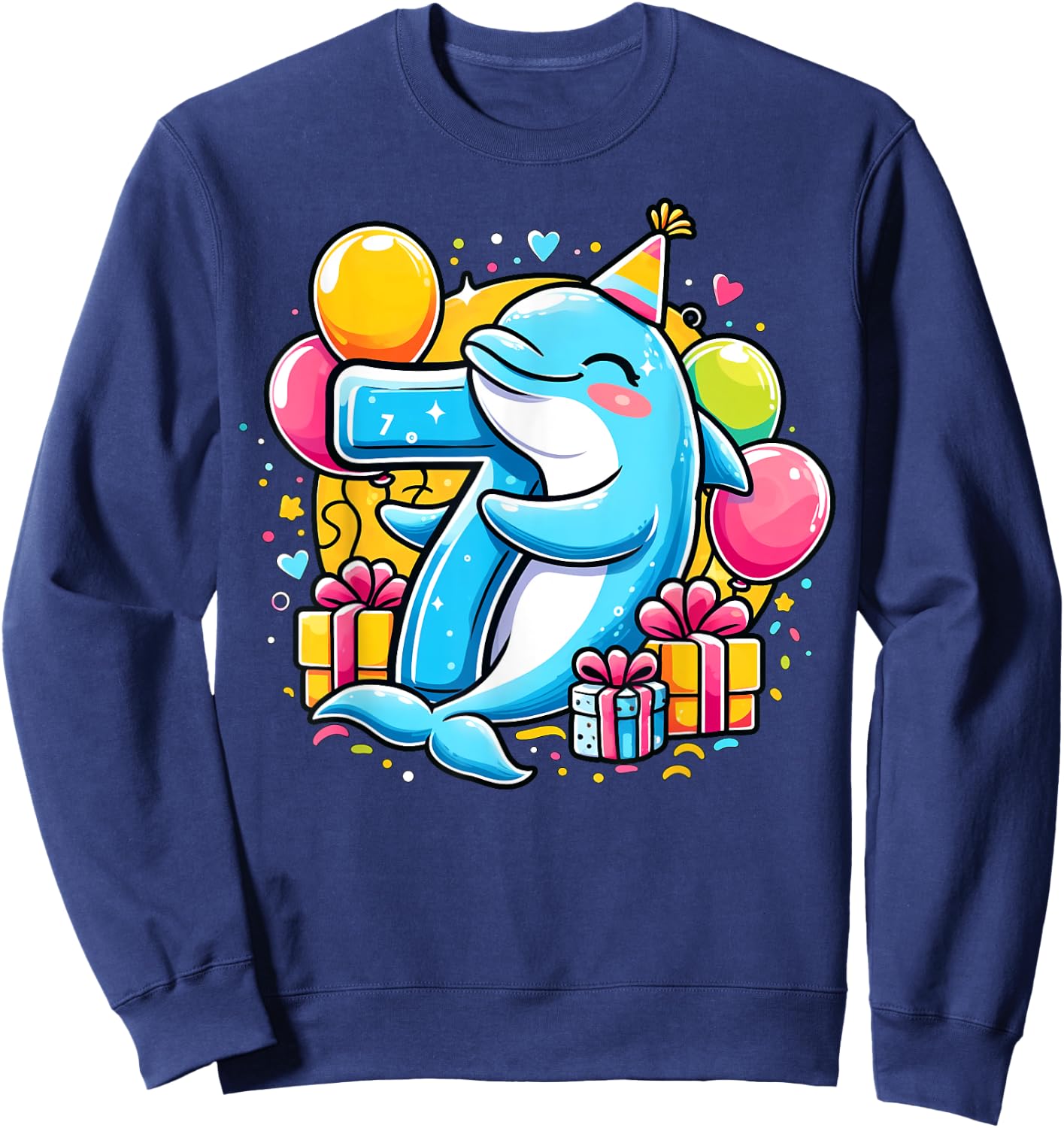 Kids Dolphin Theme seventh Bday Party 7th Dolphin Birthday Sweatshirt - Sweatshirt | Navy