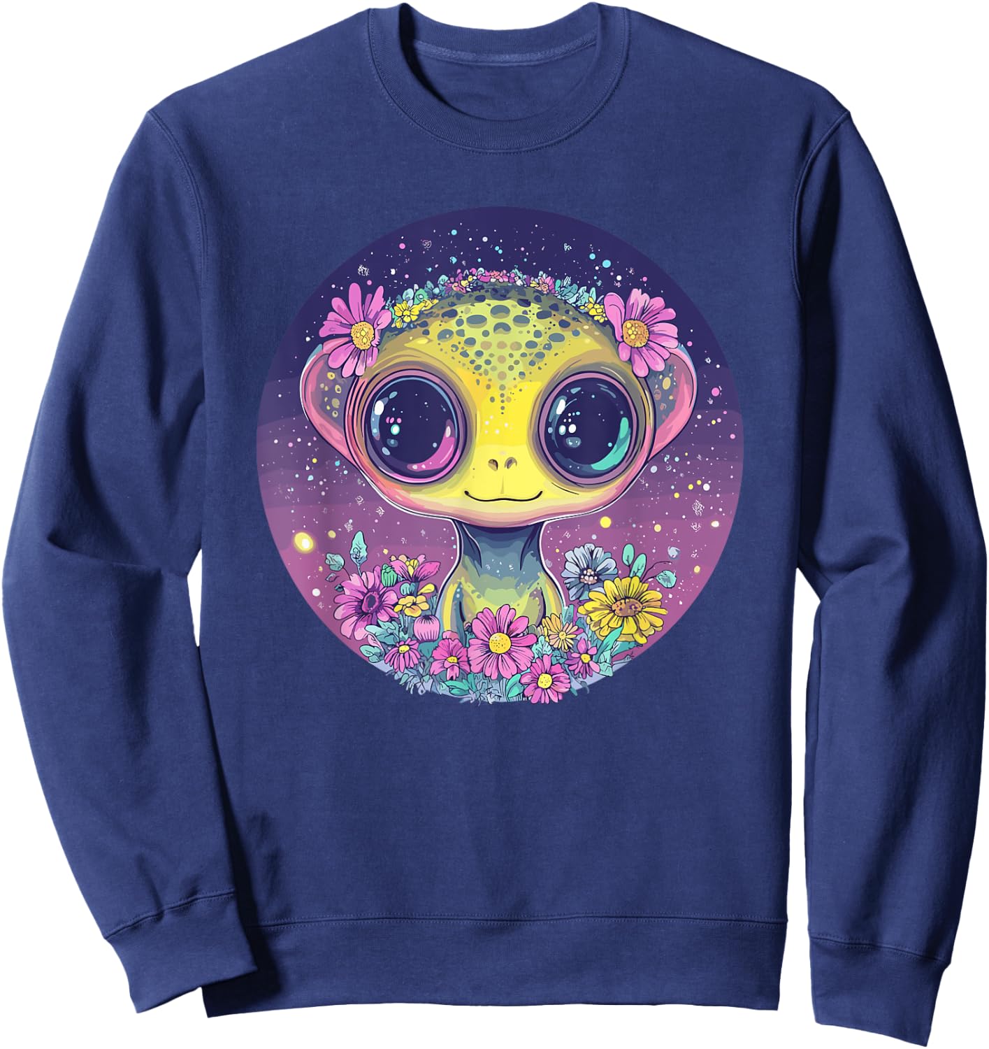 Cute Alien Surrounded By Flowers Sweatshirt - Sweatshirt | Navy