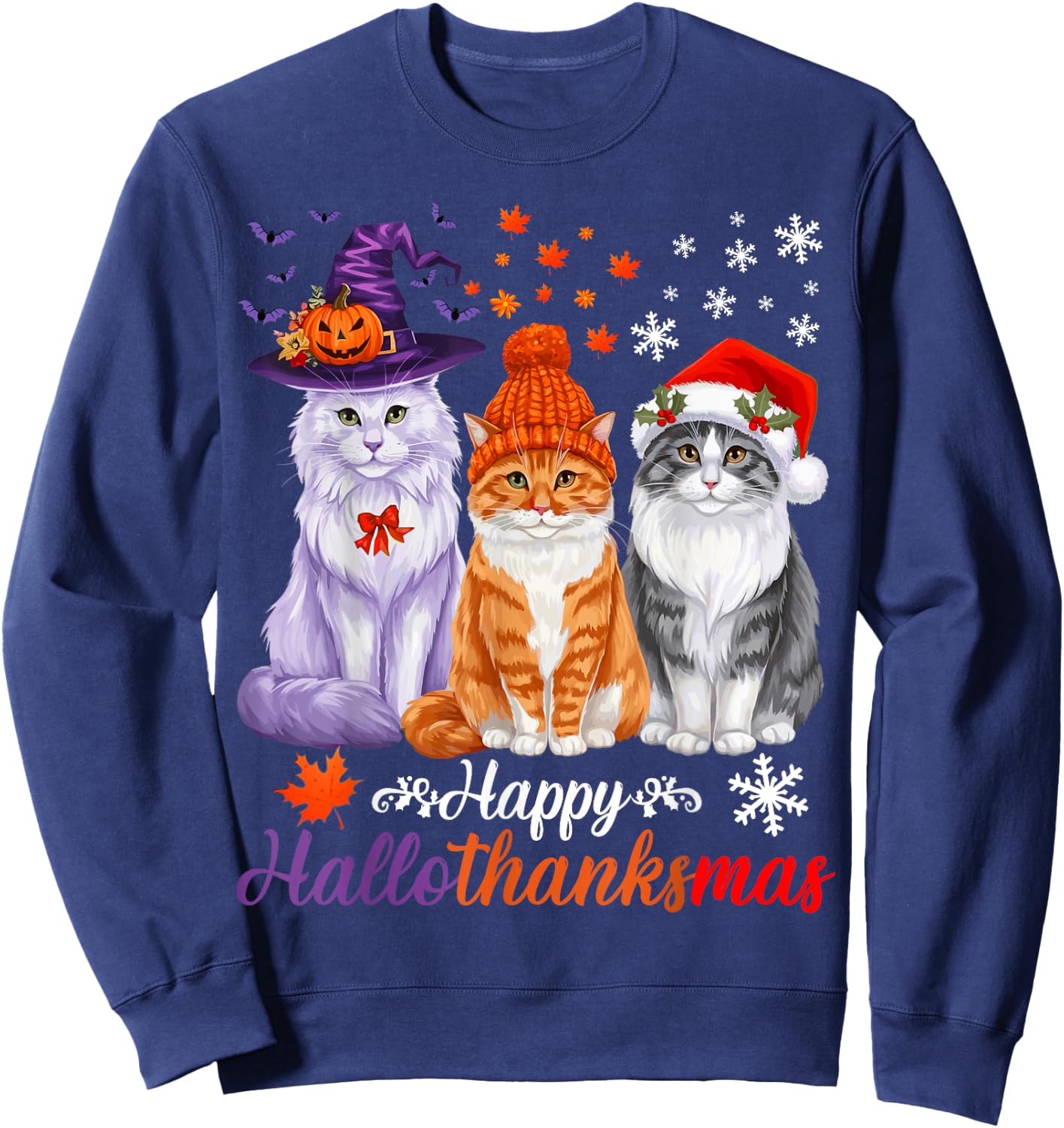Happy HalloThanksMas Cats Halloween Thanksgiving Christmas Sweatshirt - Sweatshirt | Navy