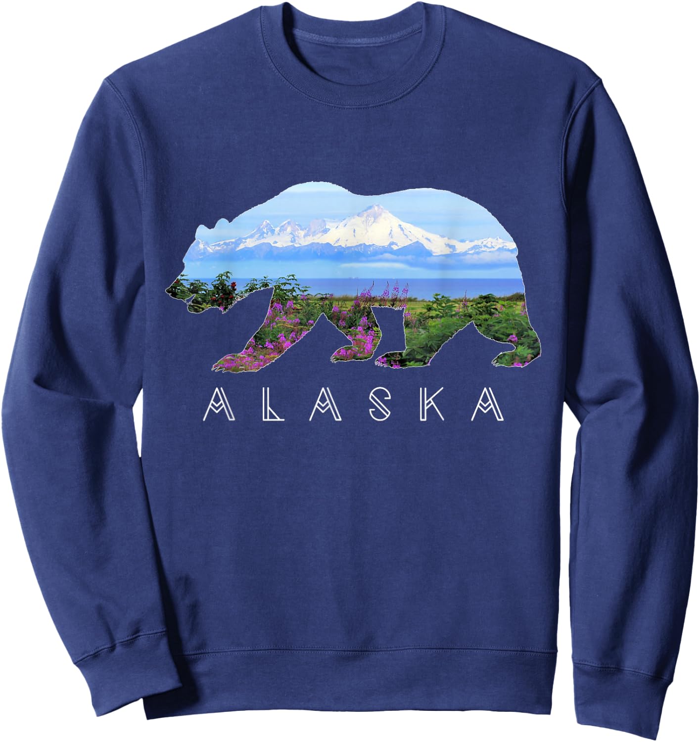Alaskan Bear with Wildflowers & Mountain Snow Sweatshirt - Sweatshirt | Navy