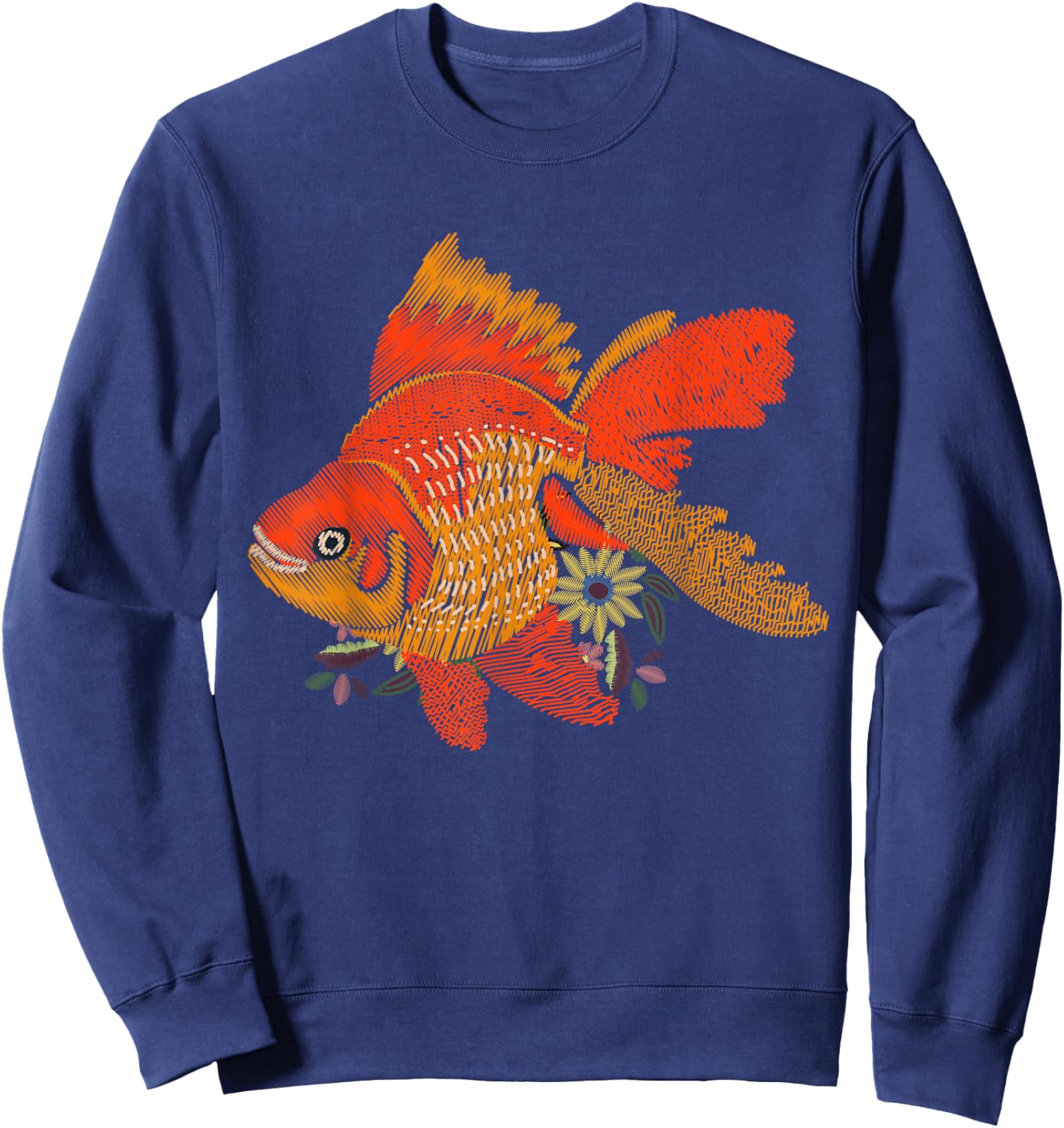Japanese Goldfish - Vintage Floral Embroidery Look Sweatshirt - Sweatshirt | Navy