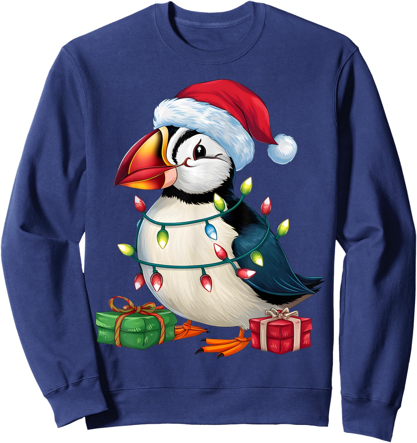 Puffin Bird Lover Xmas Lighting Santa Hat Puffin Christmas Sweatshirt - Sweatshirt | Navy