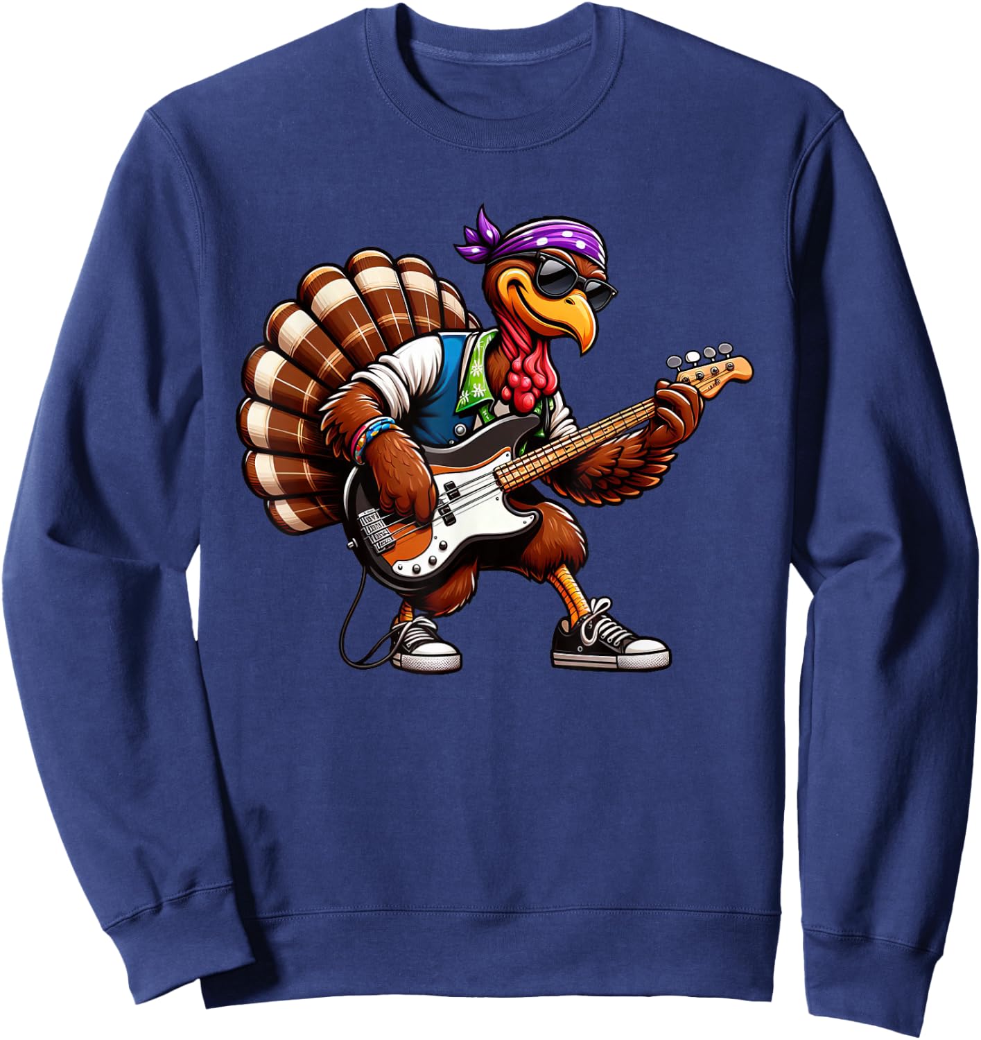 Funny Turkey Guitarist Thanksgiving Bass Guitar Sweatshirt - Sweatshirt | Navy