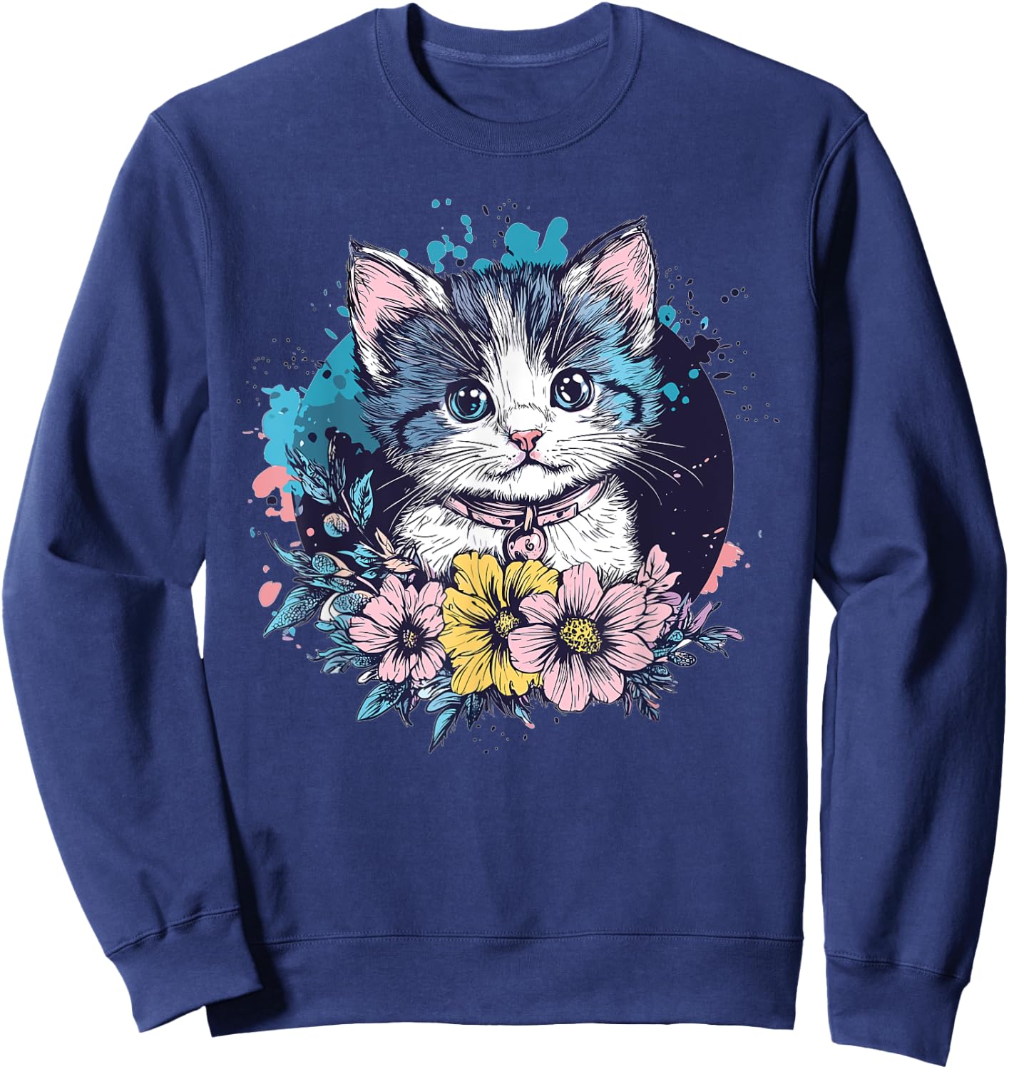 Cute Cat With Flowers I Kids Cat Sweatshirt - Sweatshirt | Navy