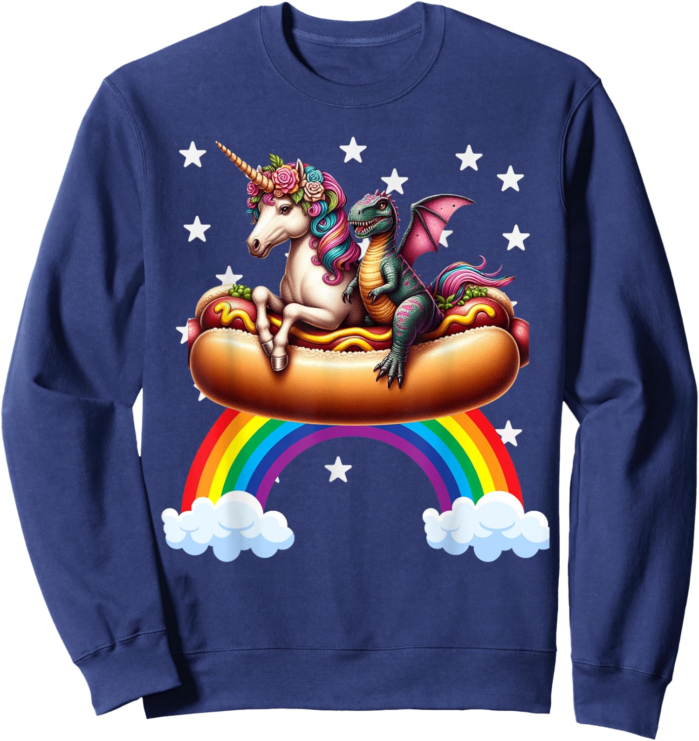 Unicorn Riding Hot Dog Boys Girls Women Kids Teens Dinosaur Sweatshirt - Sweatshirt | Navy