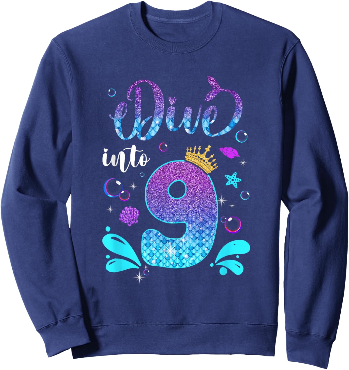 Dive Into 9 Birthday Decorations Girl 9Th Birthday Mermaid Sweatshirt - Sweatshirt | Navy