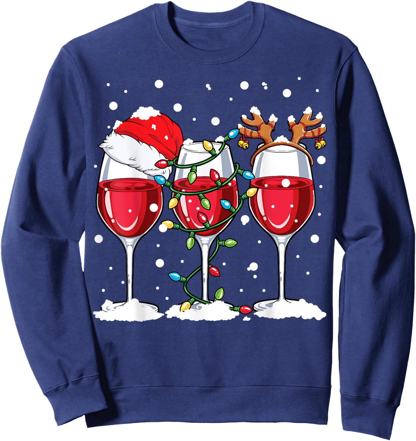 Wine Christmas Santa Hat Xmas Lights Reindeer Antlers Women Sweatshirt - Sweatshirt | Navy