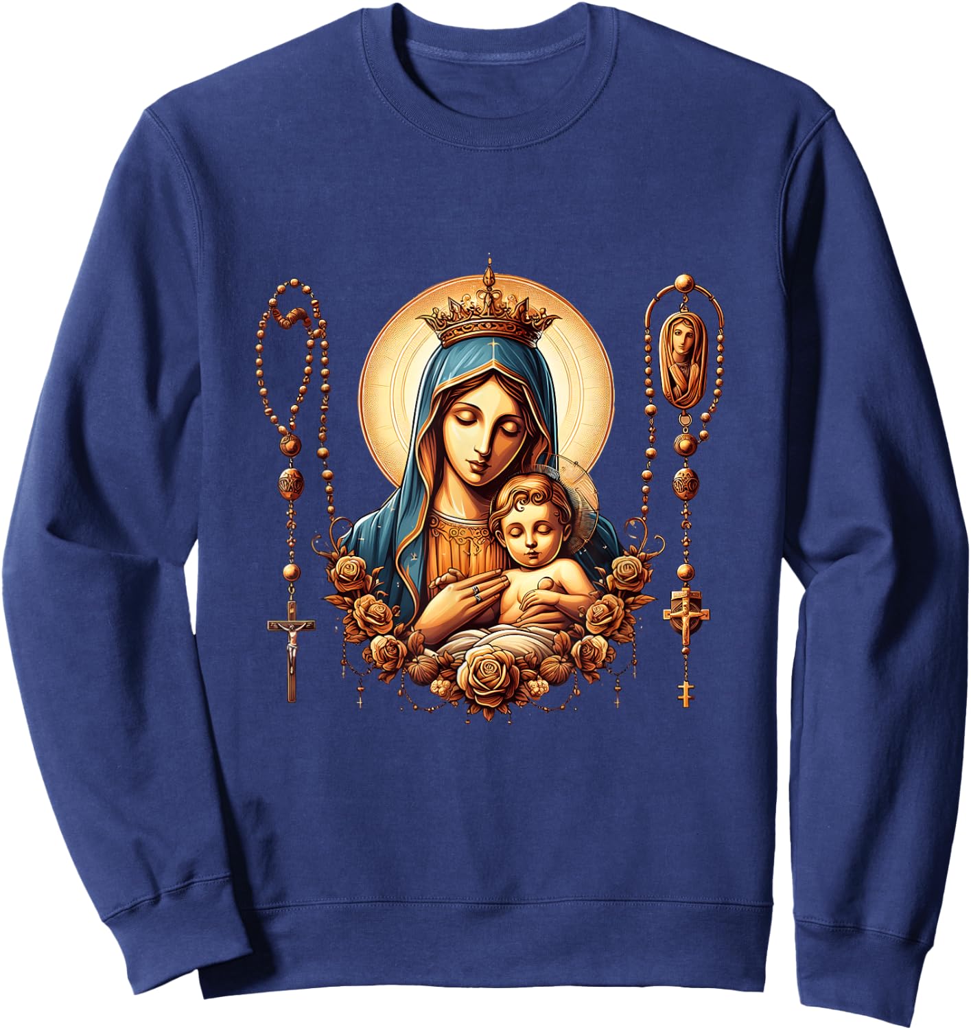 Holy Rosary Virgin Mary Baby Jesus Catholic Rosary Mysteries Sweatshirt - Sweatshirt | Navy