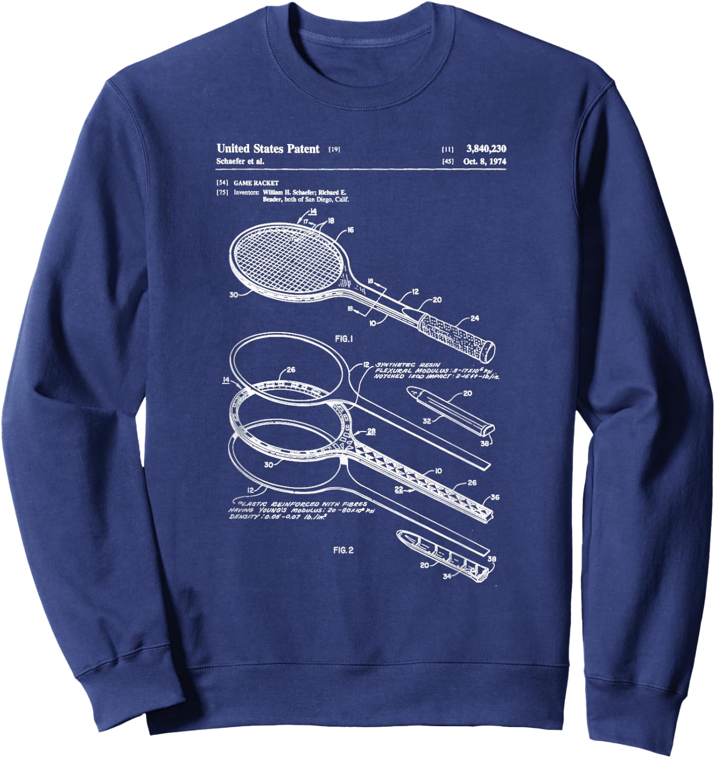 Vintage Patent Print 1974 Tennis Racket Sweatshirt - Sweatshirt | Navy