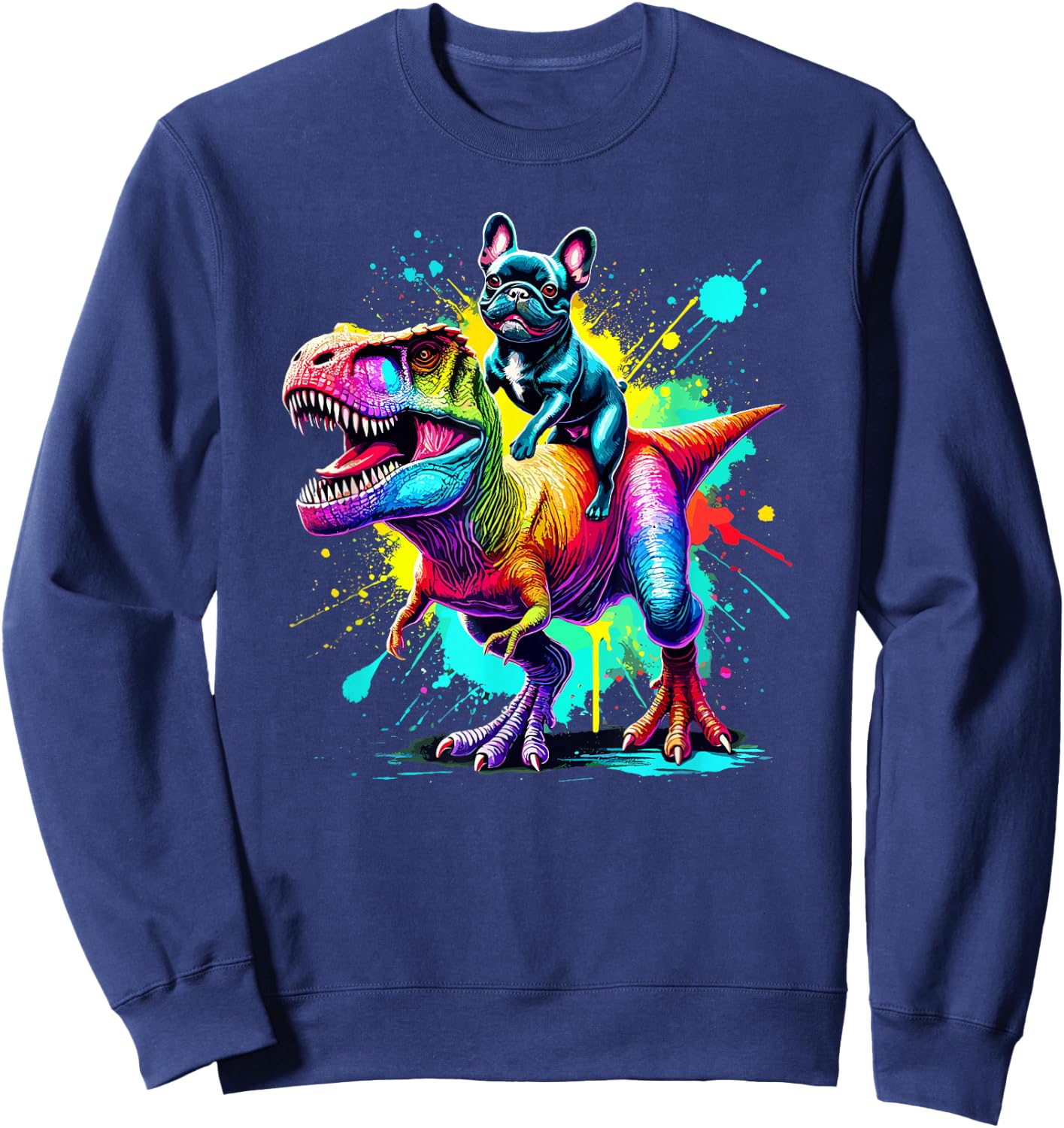 Splash Art Dinosaur T-Rex French Bulldog Frenchie Sweatshirt - Sweatshirt | Navy