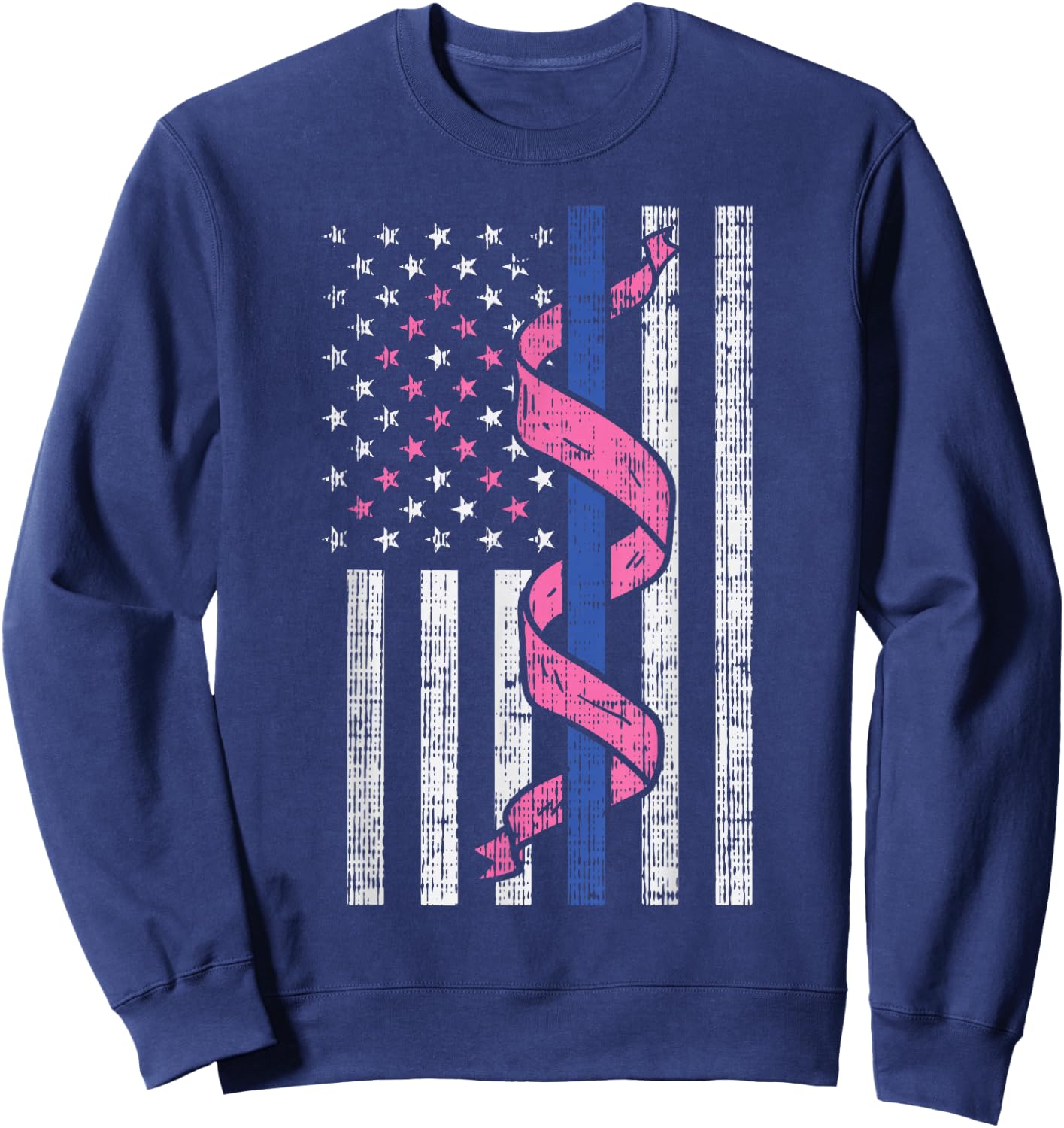 Blue Line Police US Flag Pink Ribbon Breast Cancer Awareness Sweatshirt - Sweatshirt | Navy