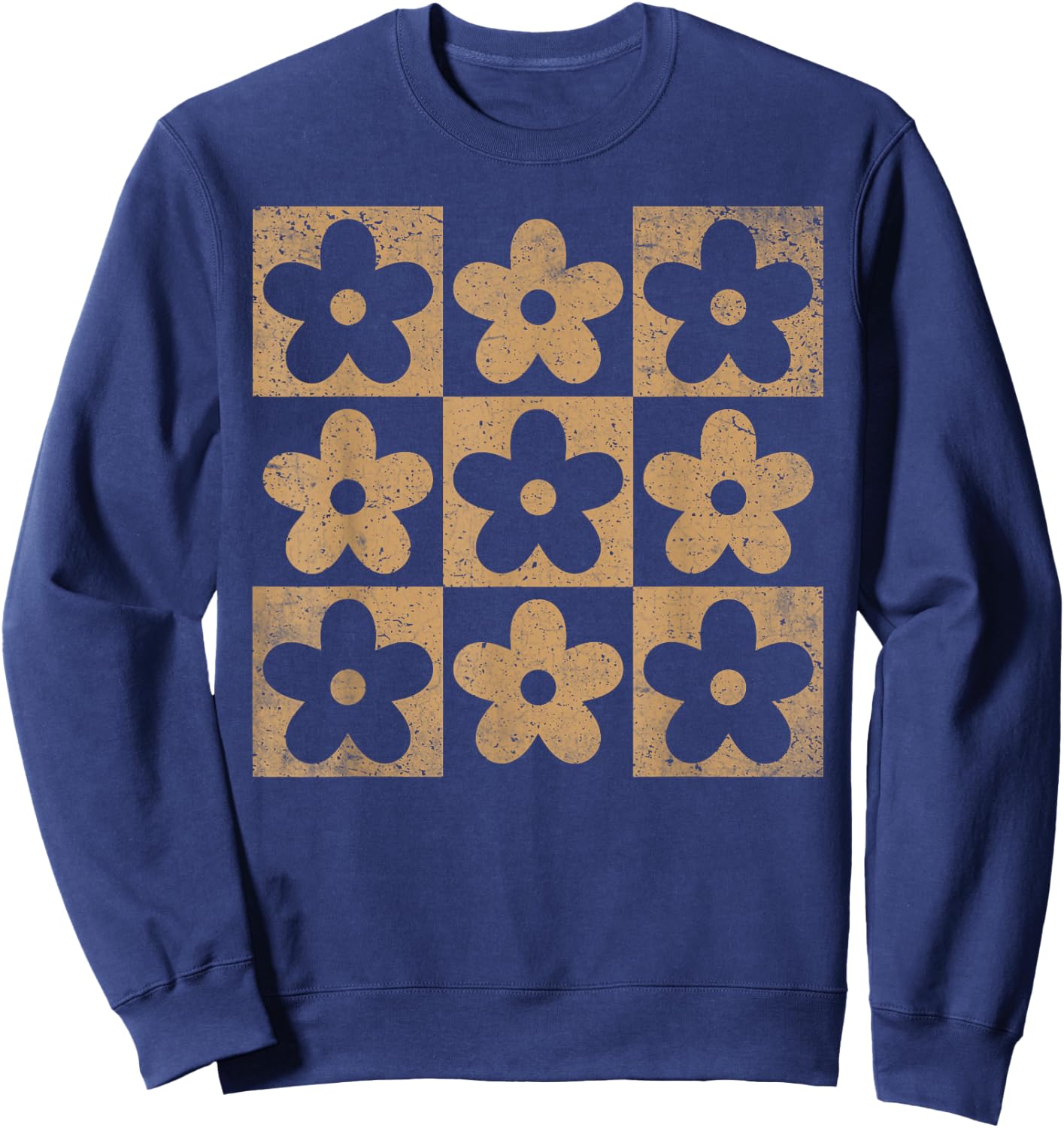 Retro Neutral Checkerboard Daisy Flower Checkered Cool Women Sweatshirt - Sweatshirt | Navy