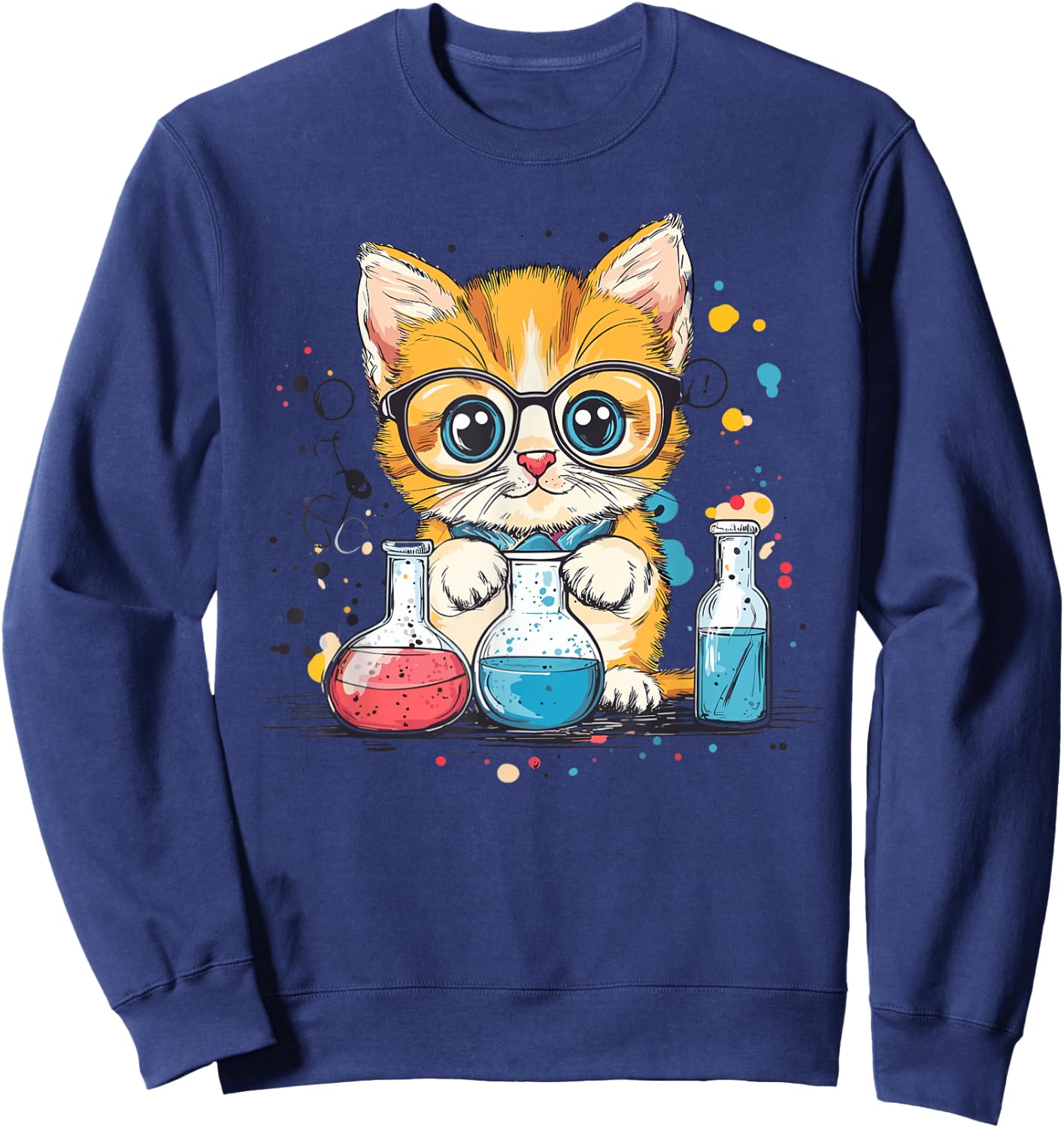 Adorable Cat With Glasses Chemist Kitten Science Fun Men Women Kids Sweatshirt - Sweatshirt | Navy