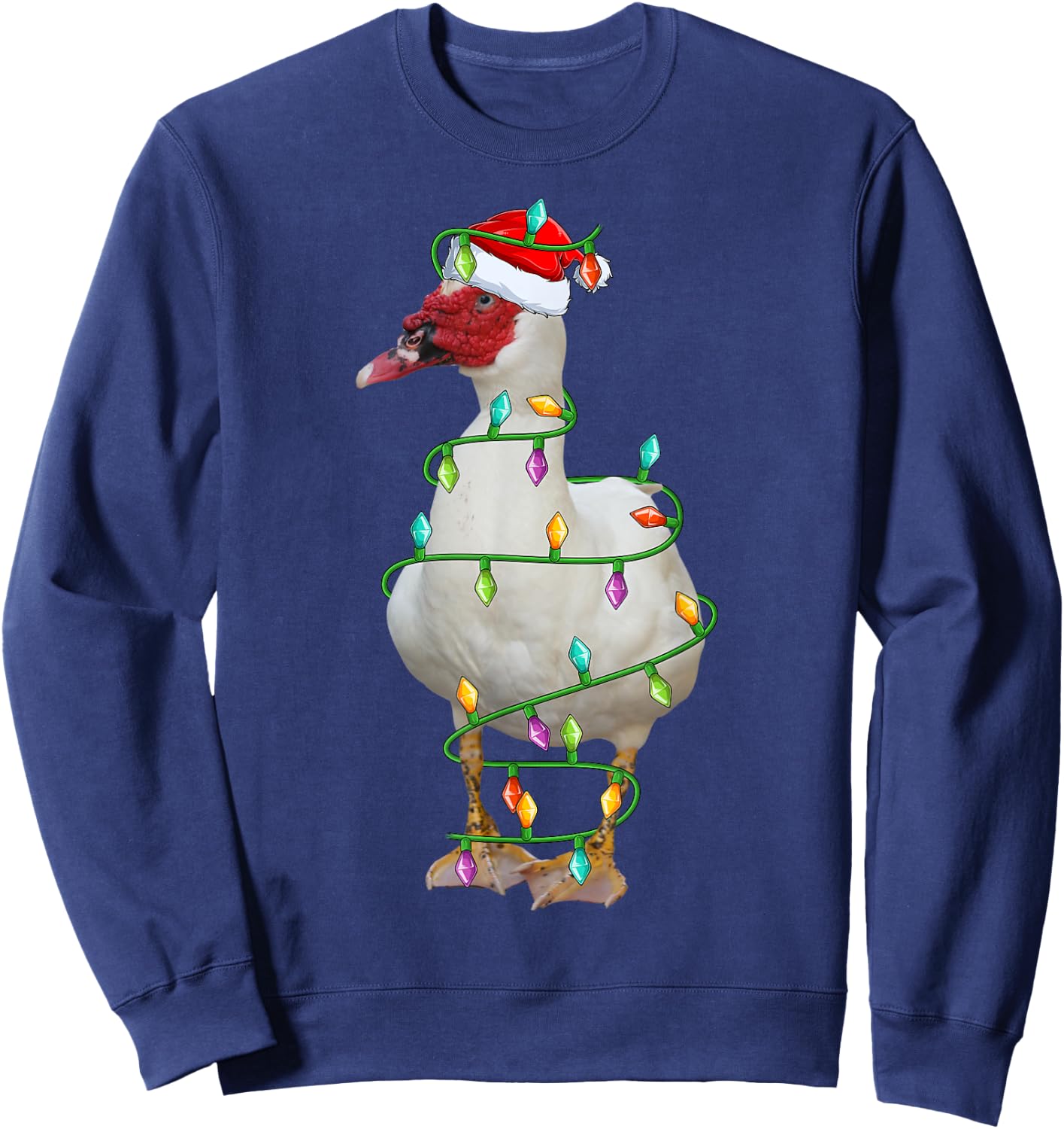 Xmas Lights Santa Hat Muscovy Duck Bird Christmas Sweatshirt - Sweatshirt | Navy