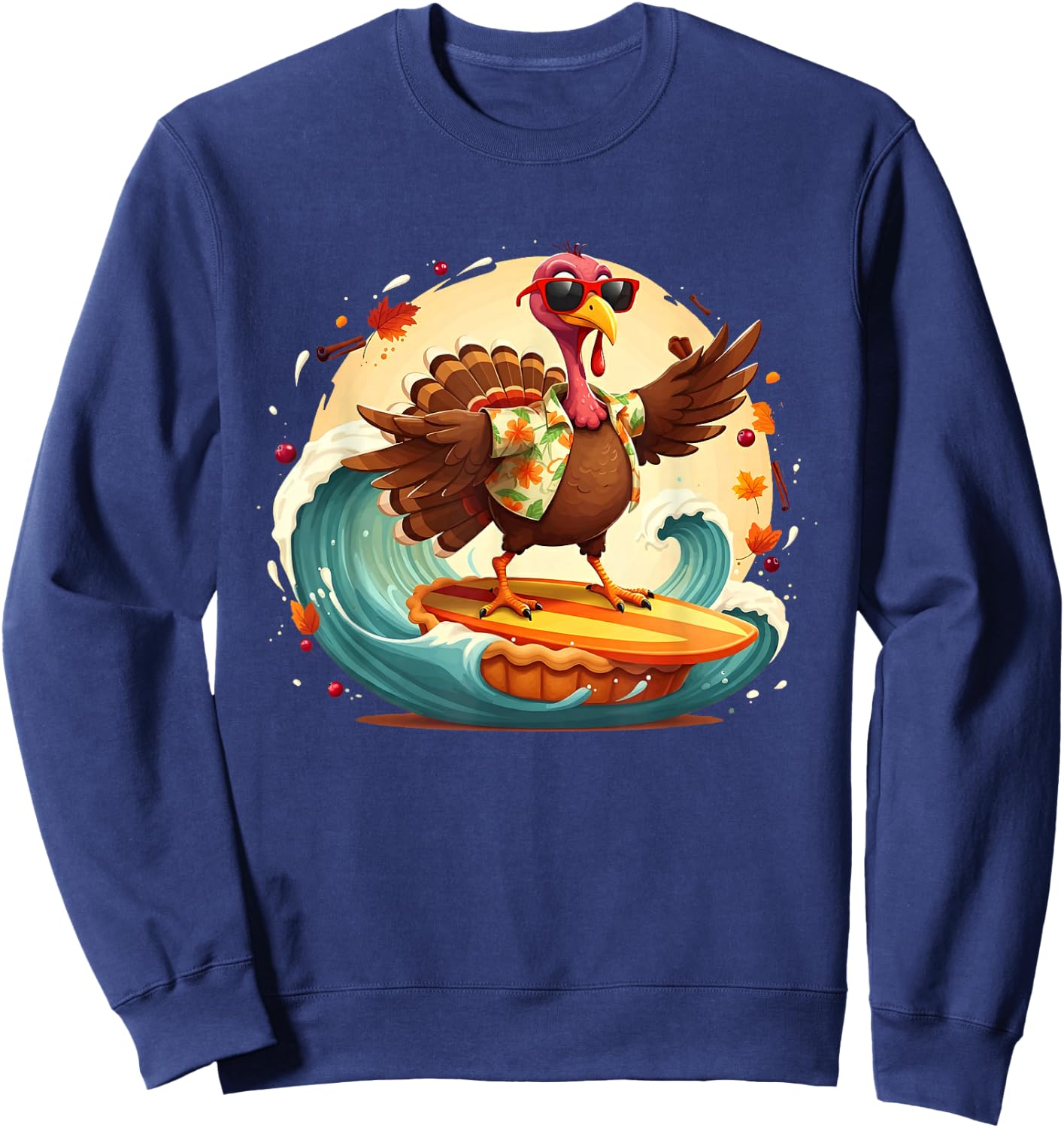 Funny Surf Hawaiian Turkey Surfing Pumpkin Pie Thanksgiving Sweatshirt - Sweatshirt | Navy