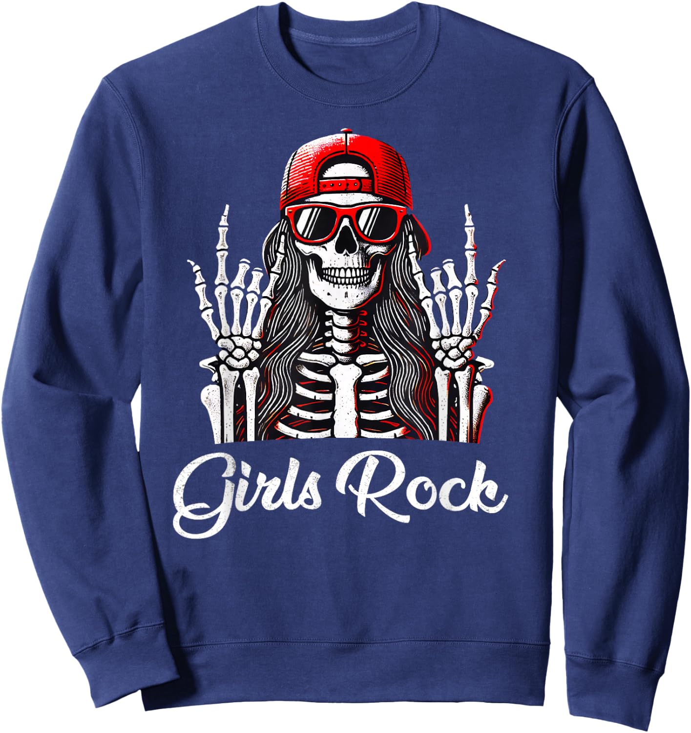 Girls Rock, Rock'n Roll Girl, Skeleton Rocker Cool Punk Rock Sweatshirt - Sweatshirt | Navy