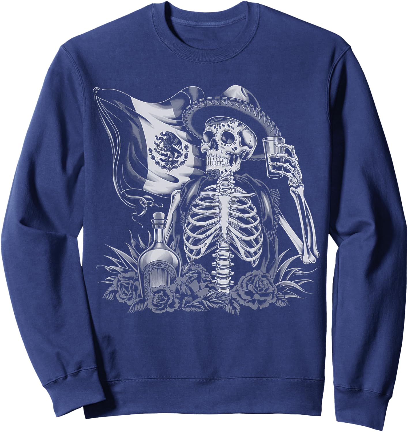 Mexico Vintage Skeleton Tequila Dia De Los Muertos Mexican Sweatshirt - Sweatshirt | Navy