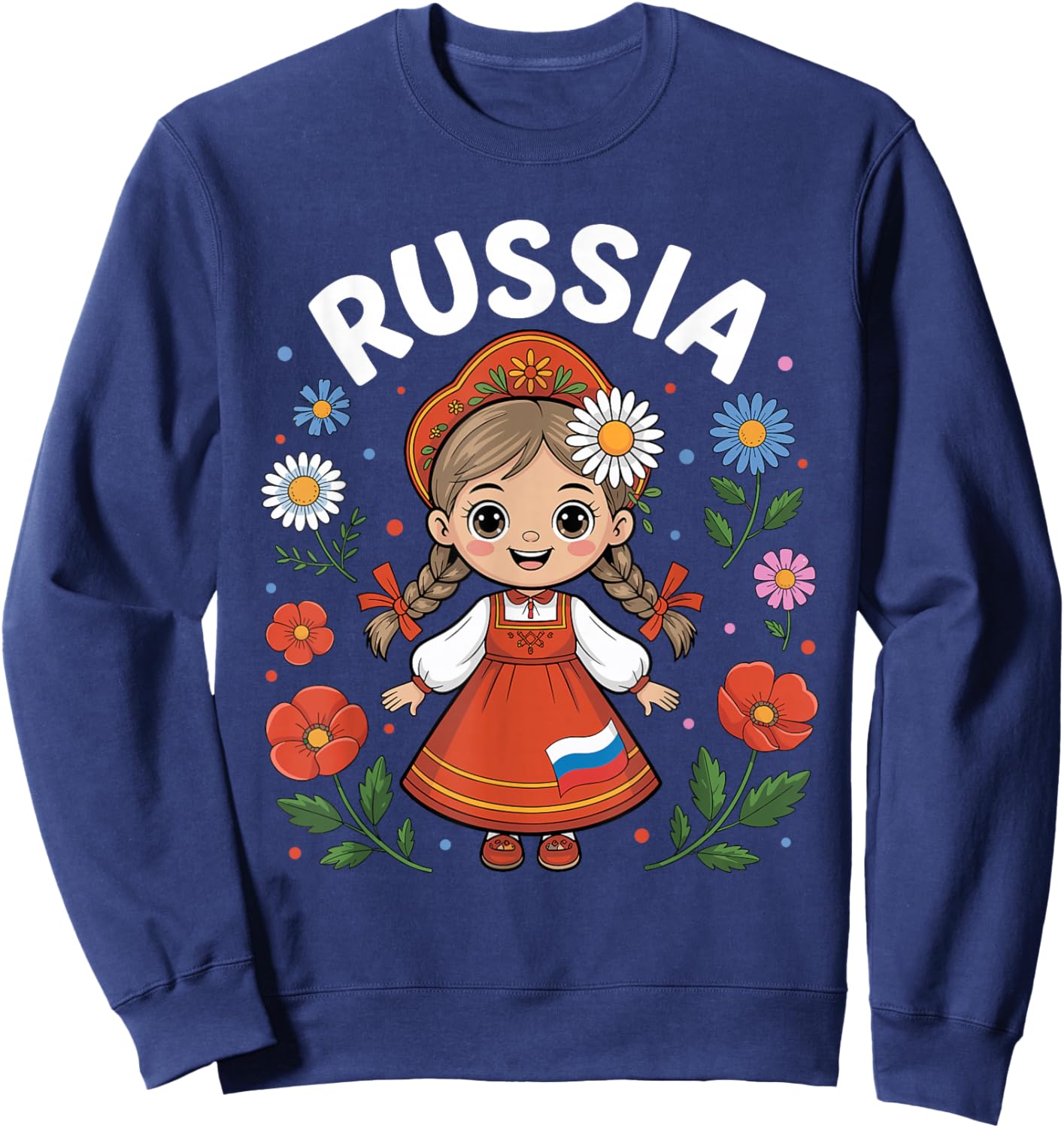Cute Russia Girl Traditional Folk Dress and Flowers for Kids Sweatshirt - Sweatshirt | Navy