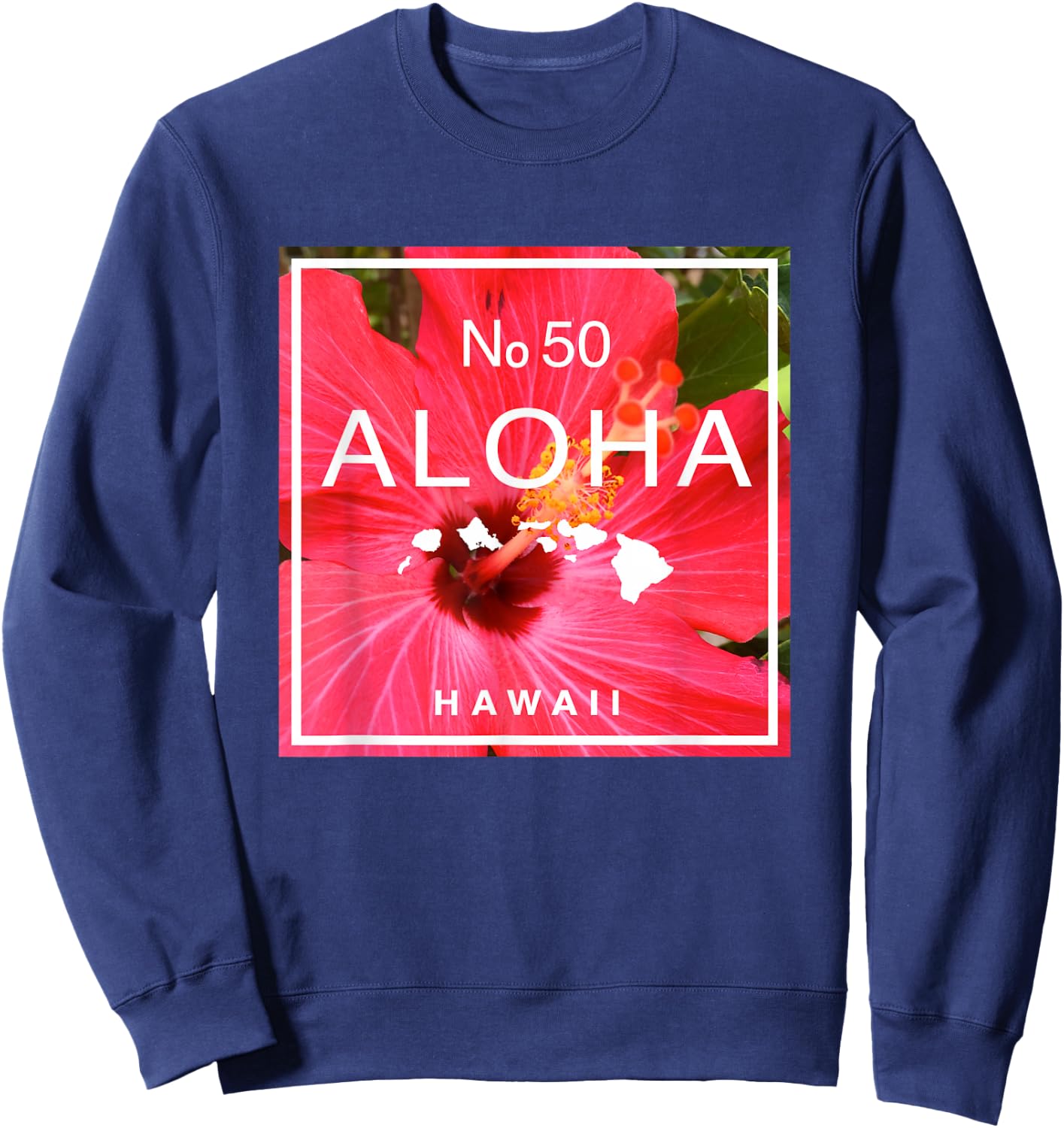 Hawaii Aloha No. 50 Red Hibiscus & Hawaiian Island Map Sweatshirt - Sweatshirt | Navy