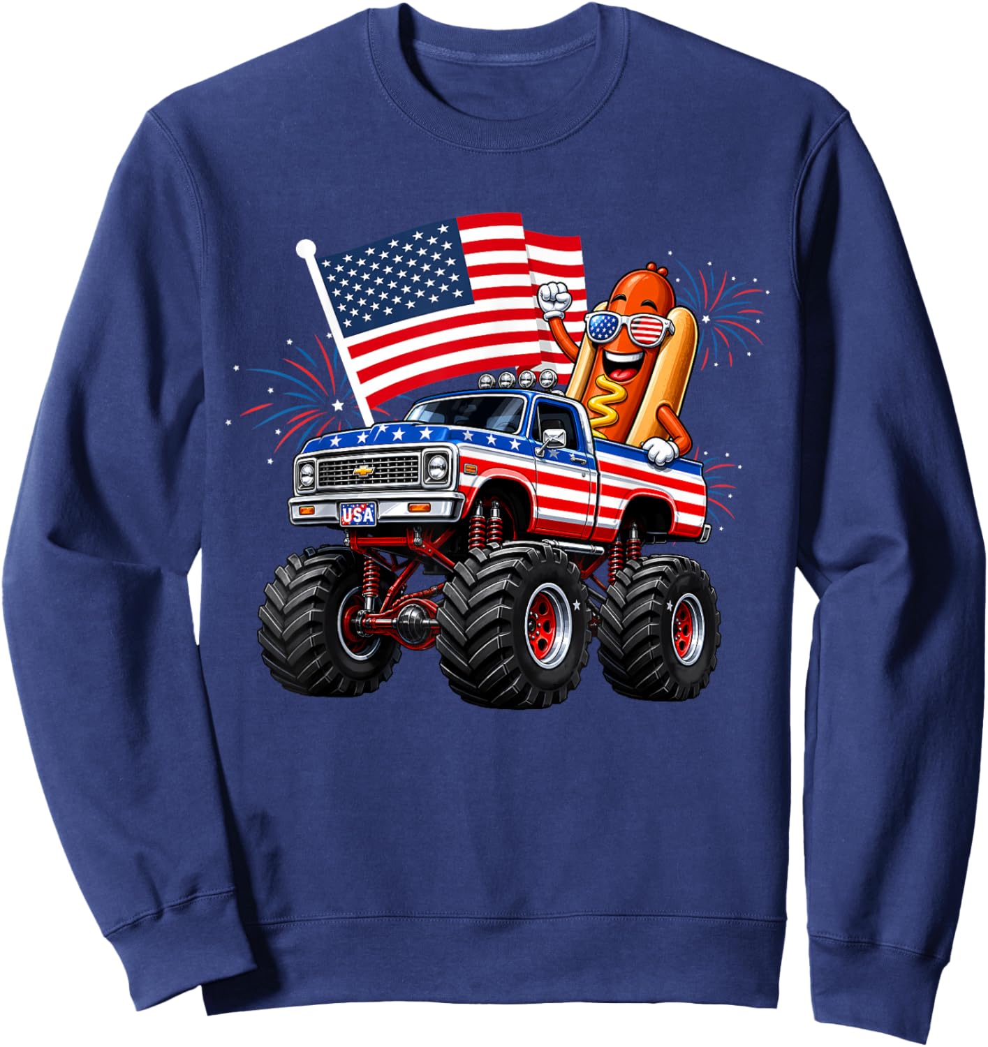 Monster Truck Hotdog 4th of July USA American Flag Men Boys Sweatshirt - Sweatshirt | Navy