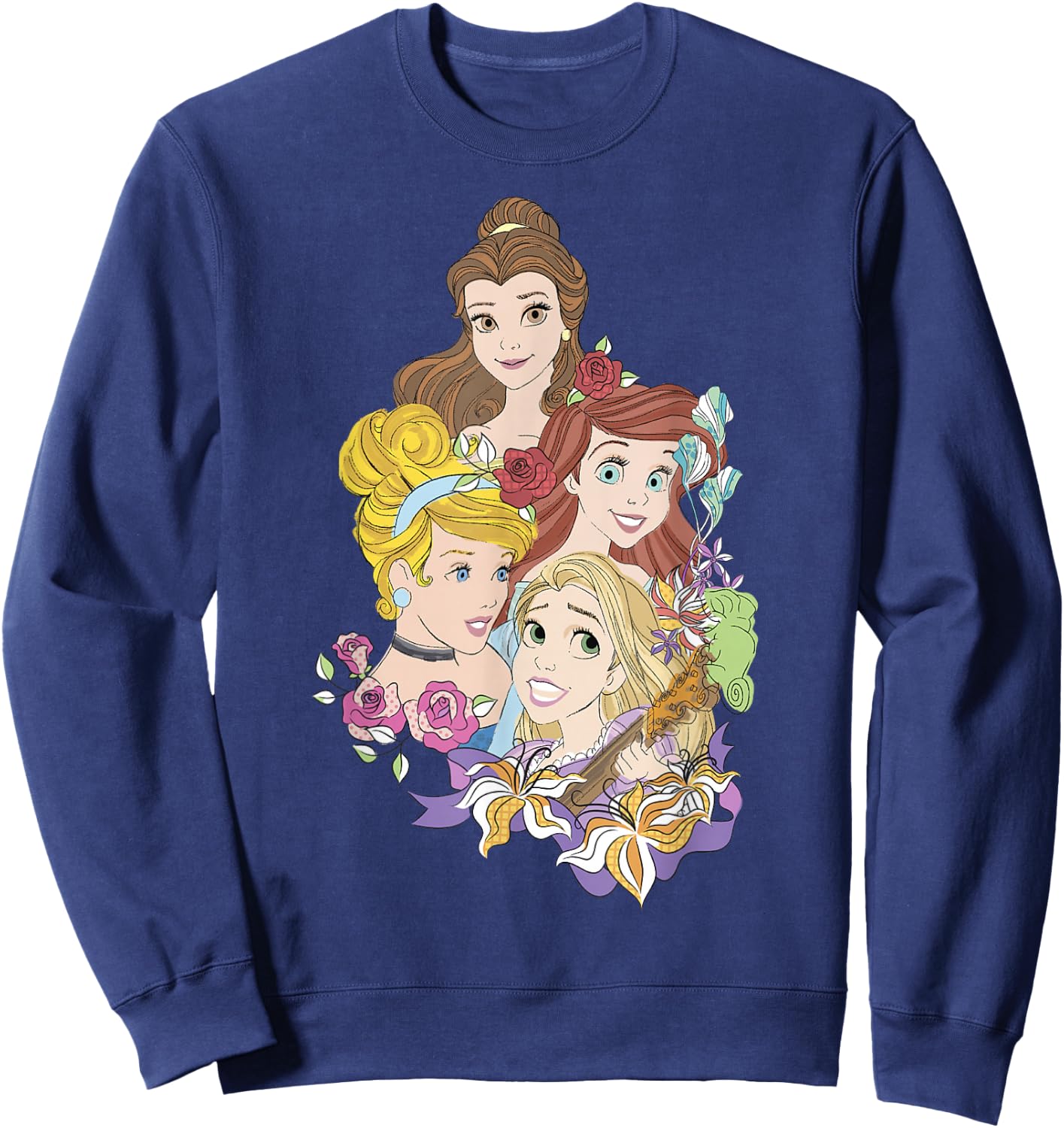 Disney Princess Floral Belle Cinderella Ariel Rapunzel Sweatshirt - Sweatshirt | Navy