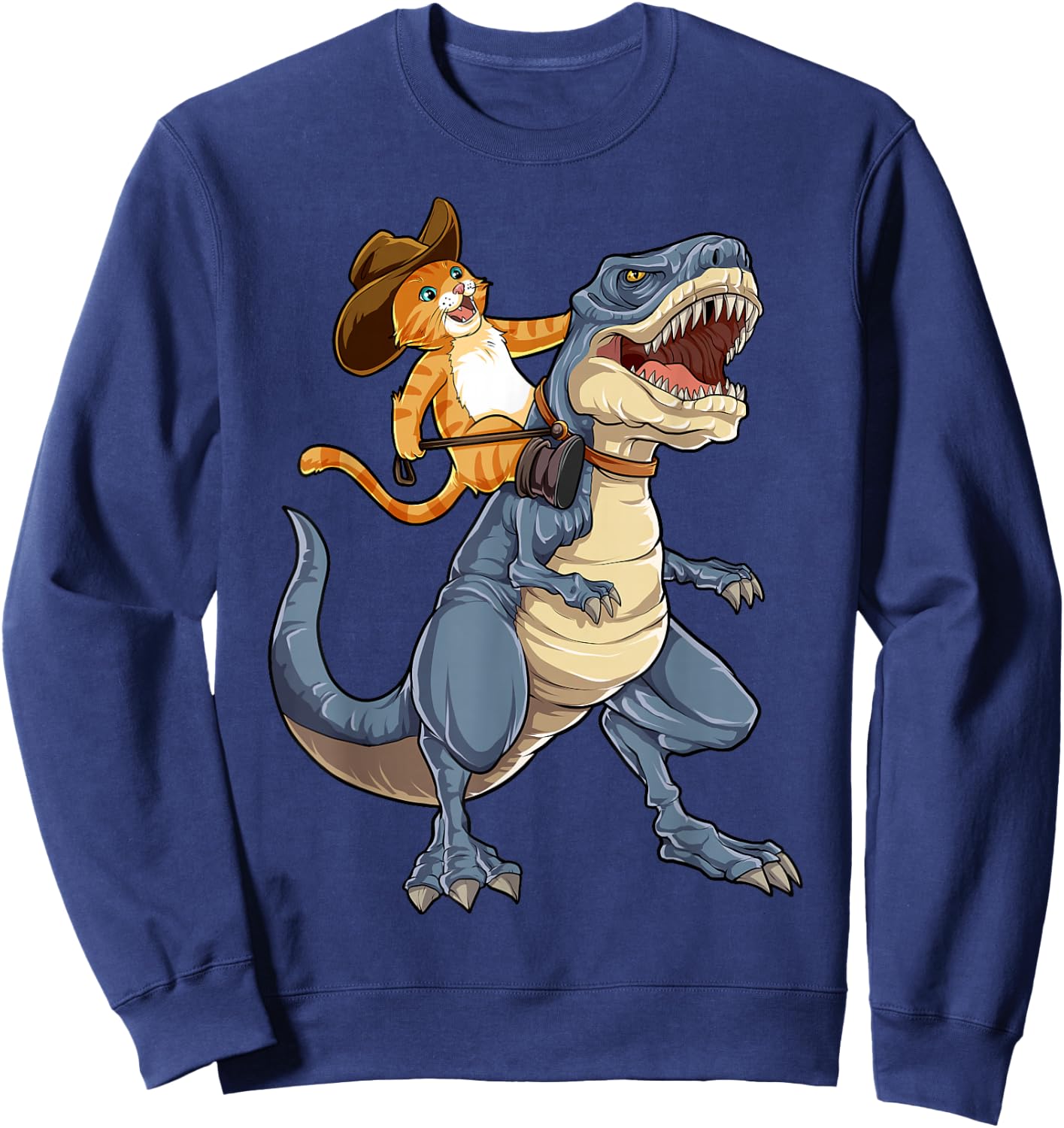 Feline Pawsitive Cat Co Kids Cat Riding Dinosaur T Rex Funny Purrassic Kitty Kitten Lover Sweatshirt - Sweatshirt | Navy