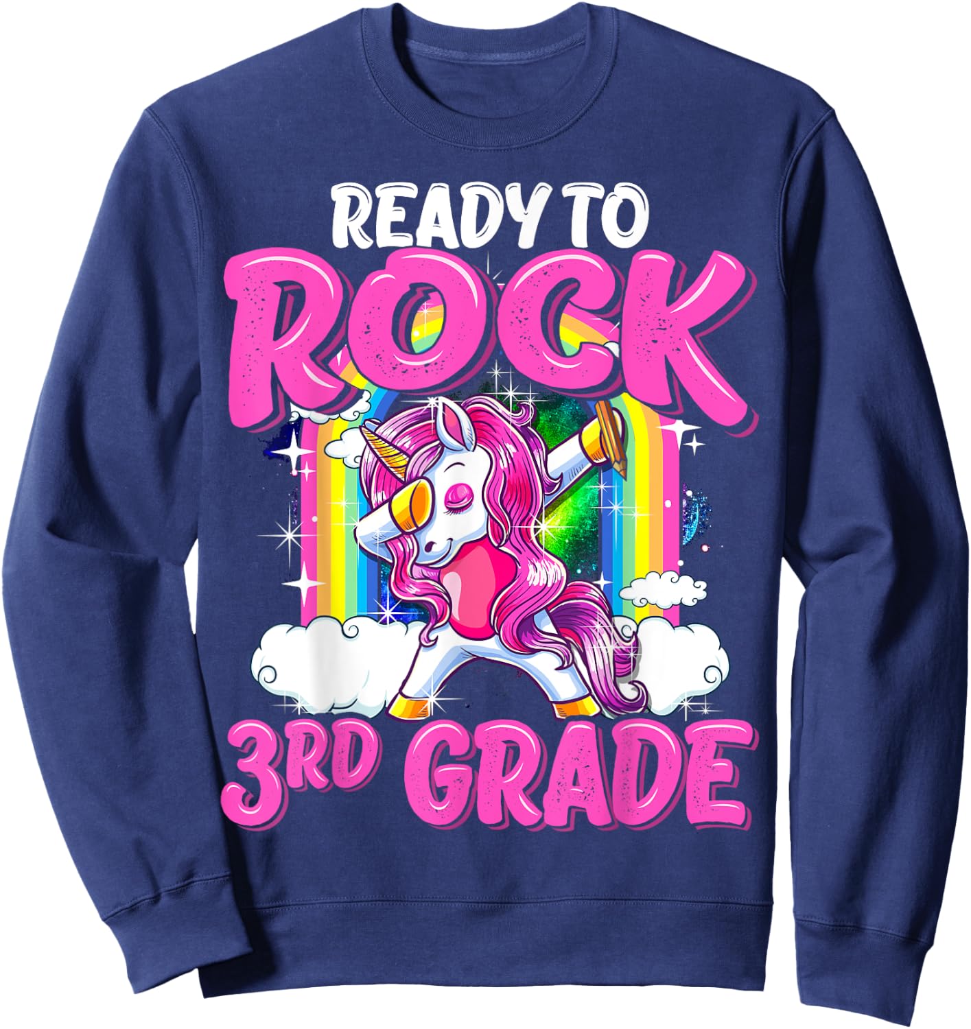 Ready To Rock 3rd Grade Dabbing Unicorn Back To School Girls Sweatshirt - Sweatshirt | Navy