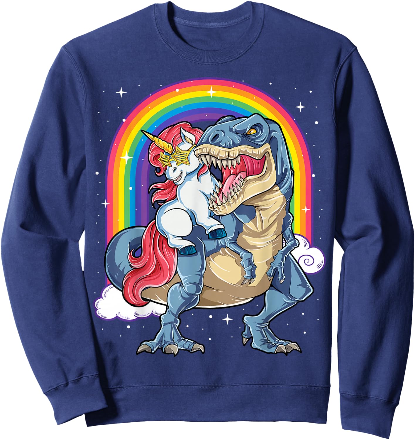 Unicorn Riding T rex Dinosaur Boys Girls Men Women Rainbow Sweatshirt - Sweatshirt | Navy