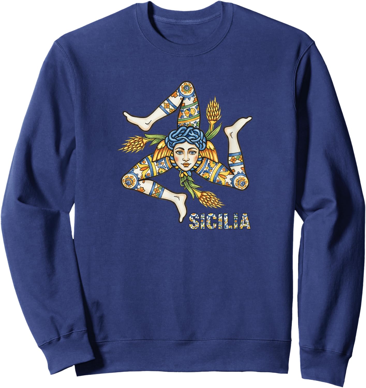 Sicilian Trinacria Emblem, Italian Majolica Sicily Pride Sweatshirt - Sweatshirt | Navy