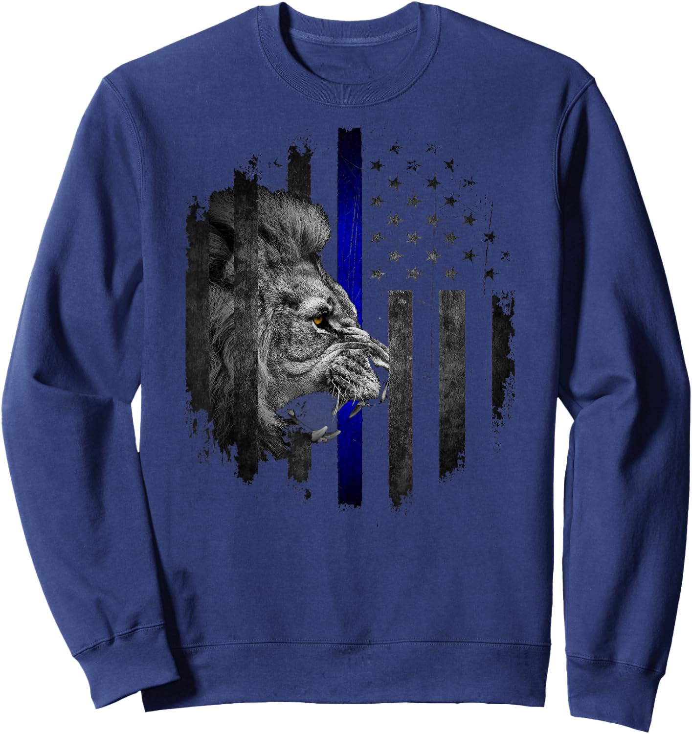 Thin Blue Line Distressed Police Powerful Lion Warrior Shirt Sweatshirt - Sweatshirt | Navy
