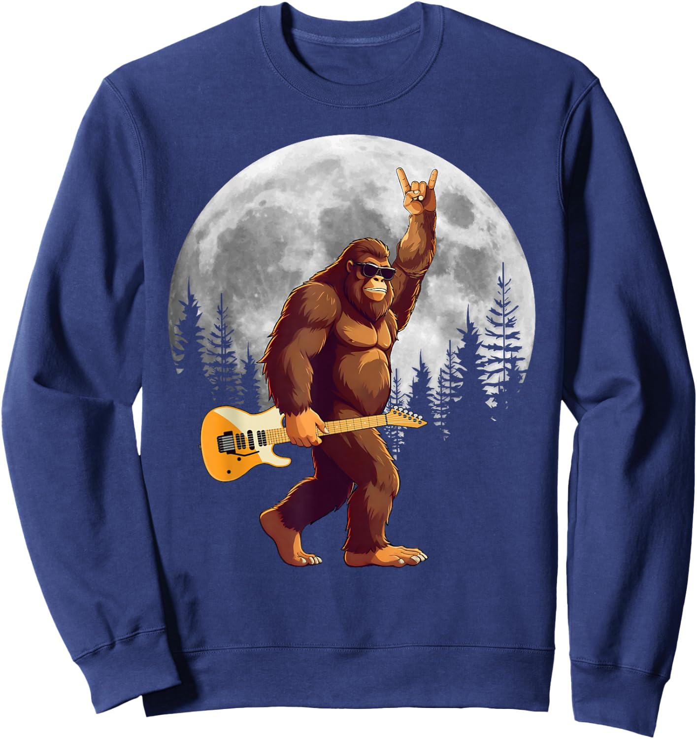 Bigfoot Carrying Guitar At Night Full Moon Trees Sasquatch Sweatshirt - Sweatshirt | Navy