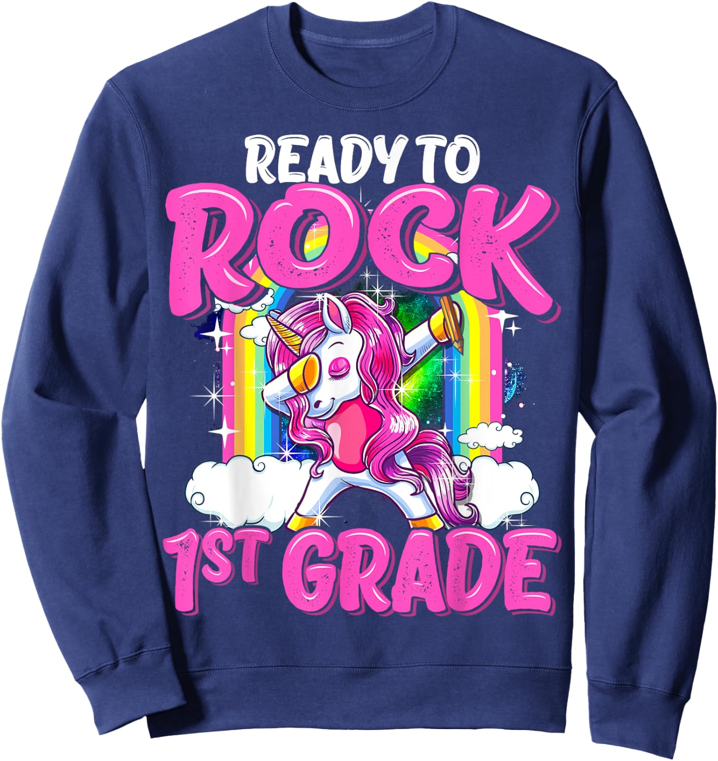 Ready To Rock 1st Grade Dabbing Unicorn Back To School Girls Sweatshirt - Sweatshirt | Navy