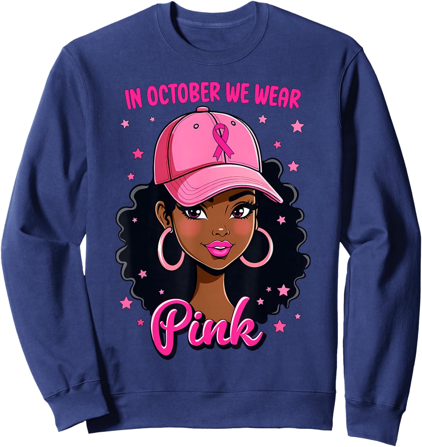 In October We Wear Pink Breast Cancer Awareness Black Girl Sweatshirt - Sweatshirt | Navy