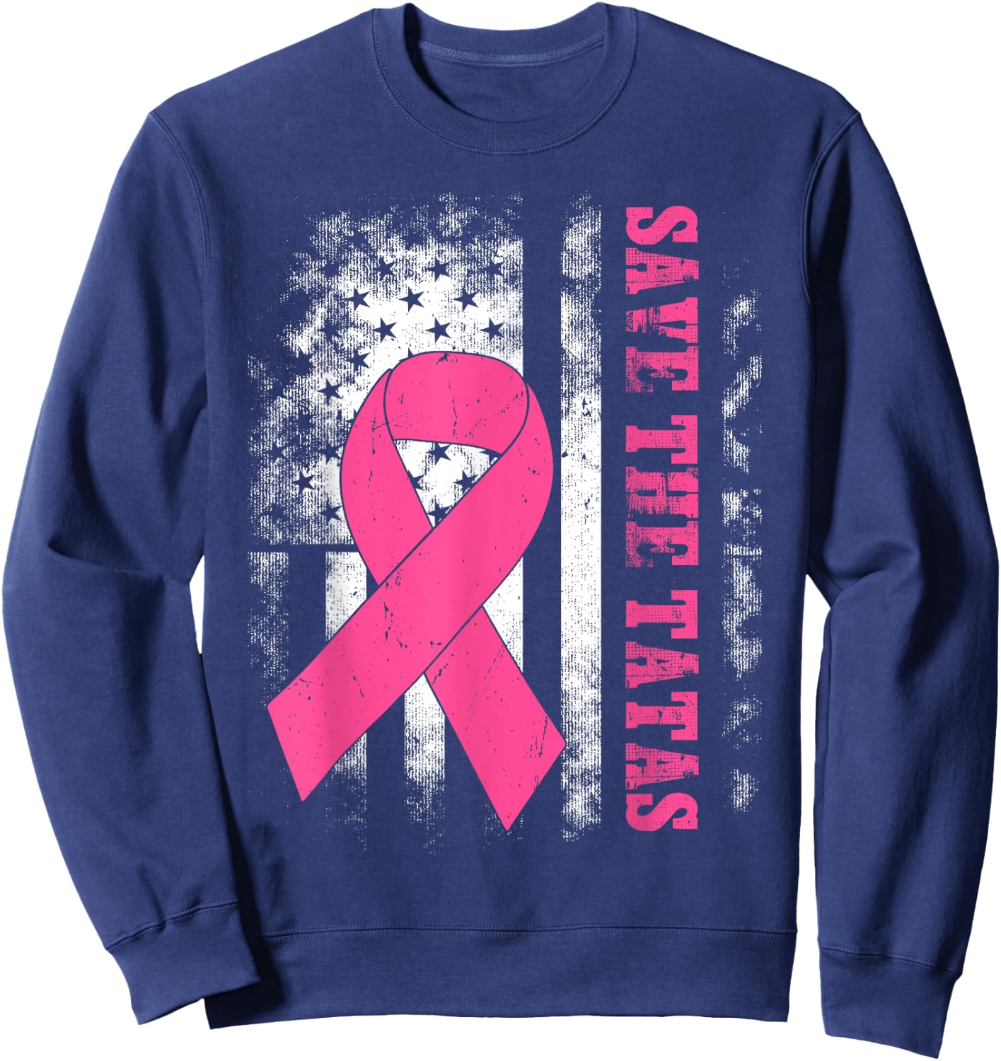 Save The Tatas Breast Cancer Awareness USA Flag Pink Ribbon Sweatshirt - Sweatshirt | Navy